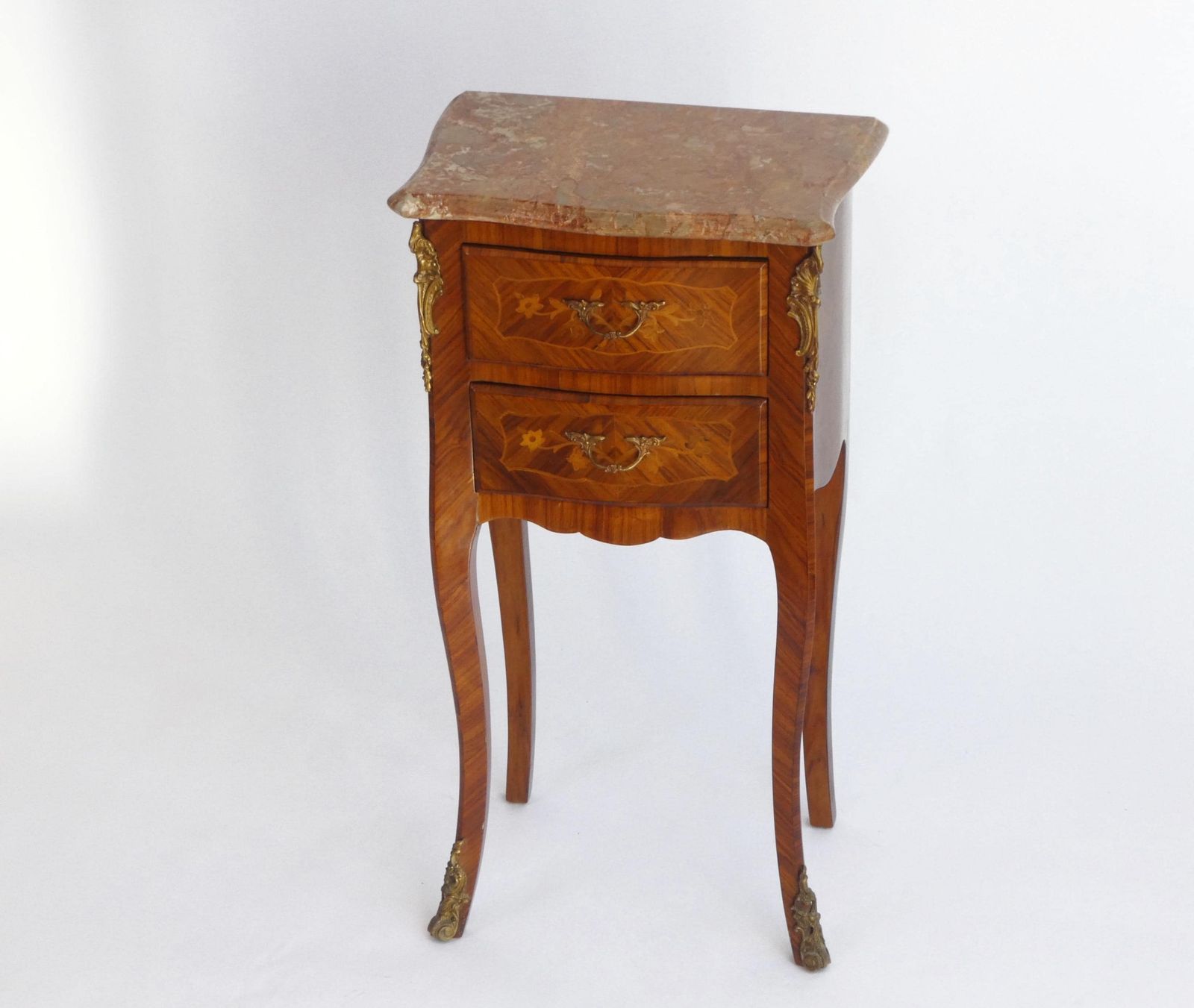 Antique Louis XV Style Side Table With Brown Marble Top, Small Chest With Brass Details, Wonderful Wooden Nightstand With Marquetry Details photo furniture