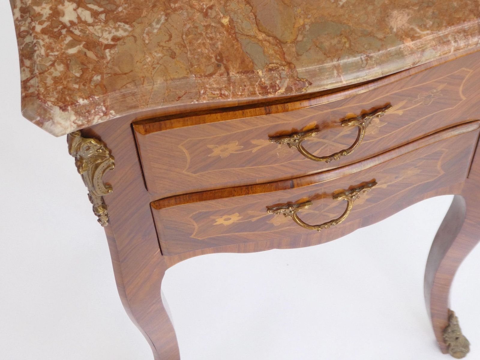 Antique Louis XV Style Side Table With Brown Marble Top, Small Chest With Brass Details, Wonderful Wooden Nightstand With Marquetry Details photo vinterior