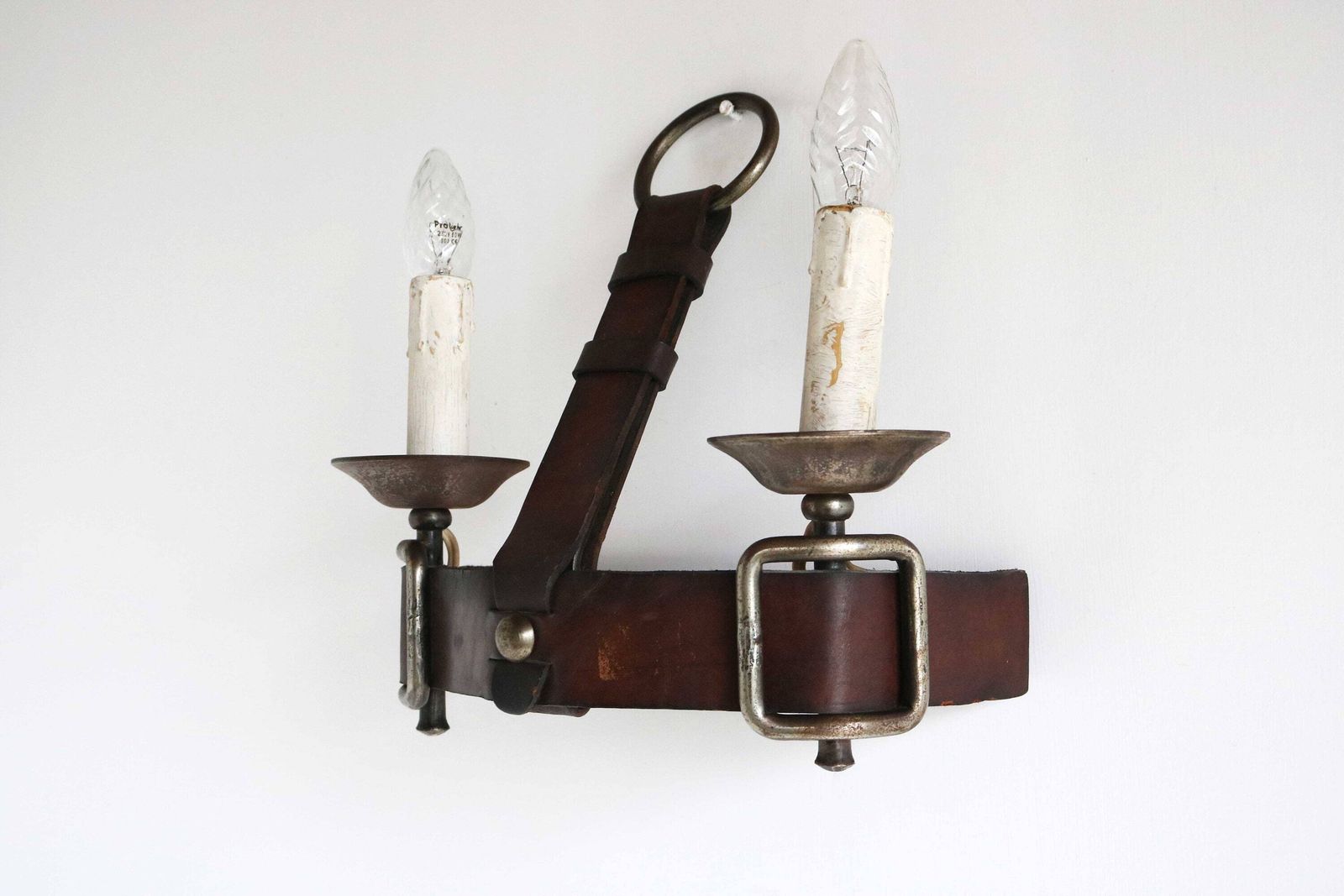 Jacques Adnet Style Leather And Wrought Iron Wall Sconce 1950s Mid Century Design French Brutalist Rustic Industrial Statement Piece photo furniture
