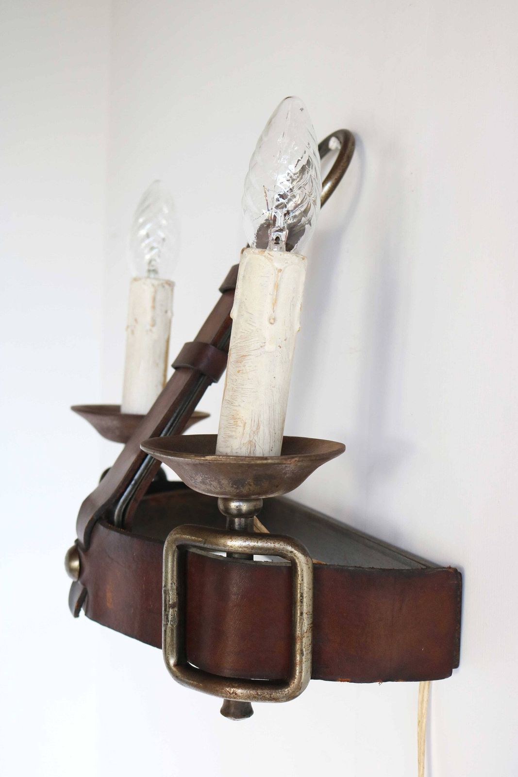 Jacques Adnet Style Leather And Wrought Iron Wall Sconce 1950s Mid Century Design French Brutalist Rustic Industrial Statement Piece photo for sale