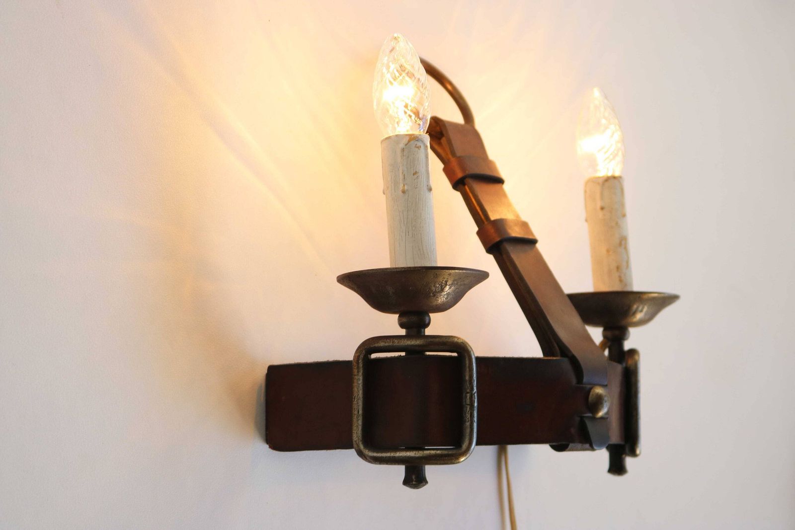 Jacques Adnet Style Leather And Wrought Iron Wall Sconce 1950s Mid Century Design French Brutalist Rustic Industrial Statement Piece photo buy