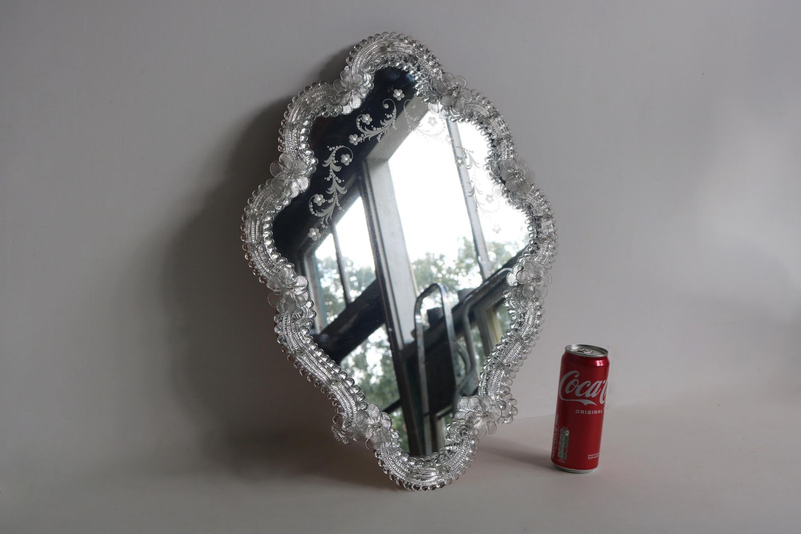 Italian Venetian Murano Glass Mirror Engraved Hand Crafted Hand Blown Flowers Mid Century 1950s photo vintage