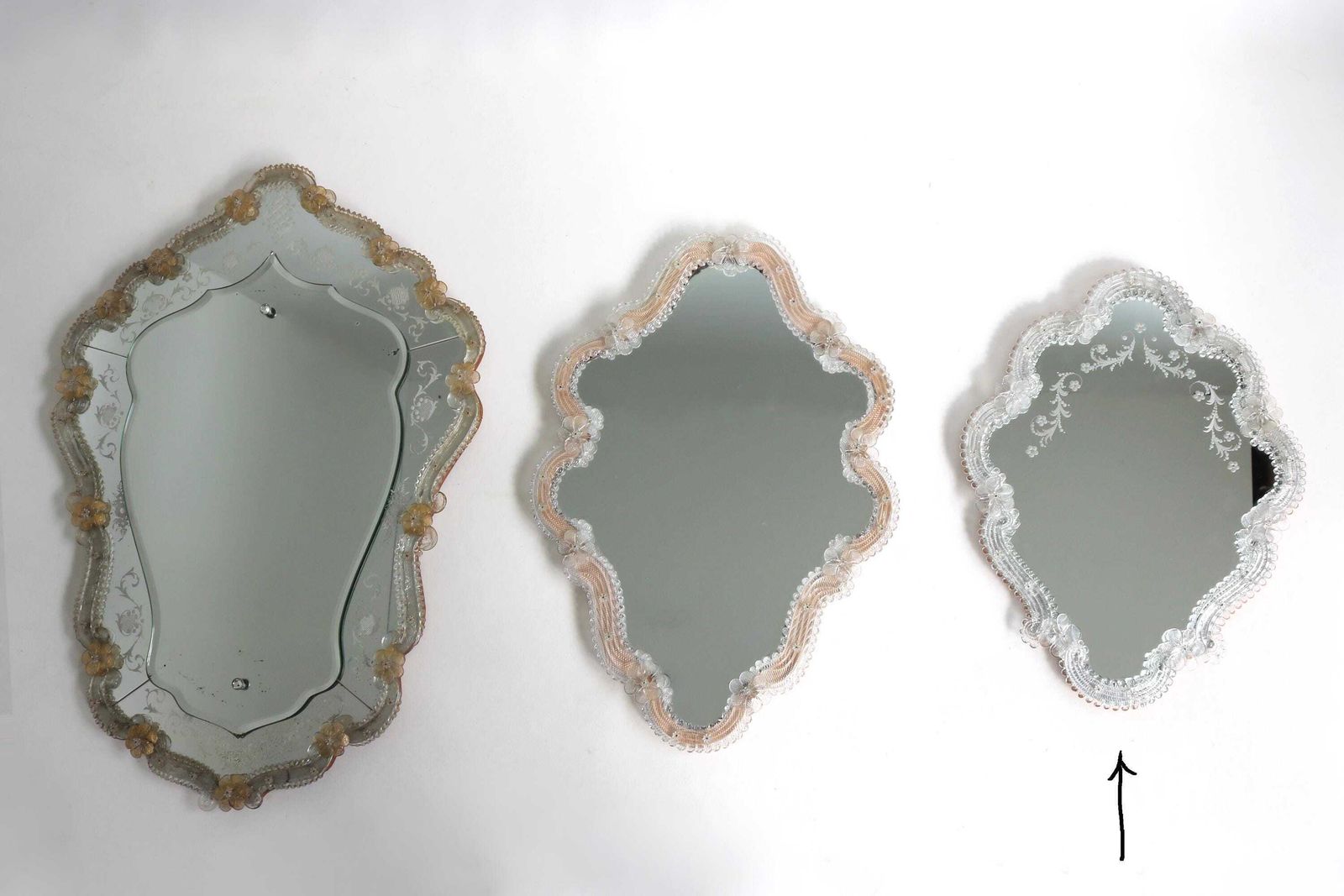 photo furniture Italian Venetian Murano Glass Mirror Engraved Hand Crafted Hand Blown Flowers Mid Century 1950s
