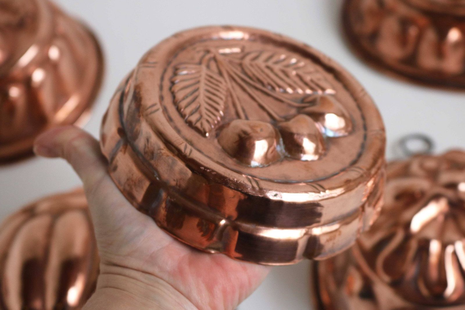 Seven Magnificent Pieces Cake Jelly Pudding Chocolate Molds French 19th Century Country Kitchen Copper Ware Wall Hanging Decor Farmhouse photo for sale