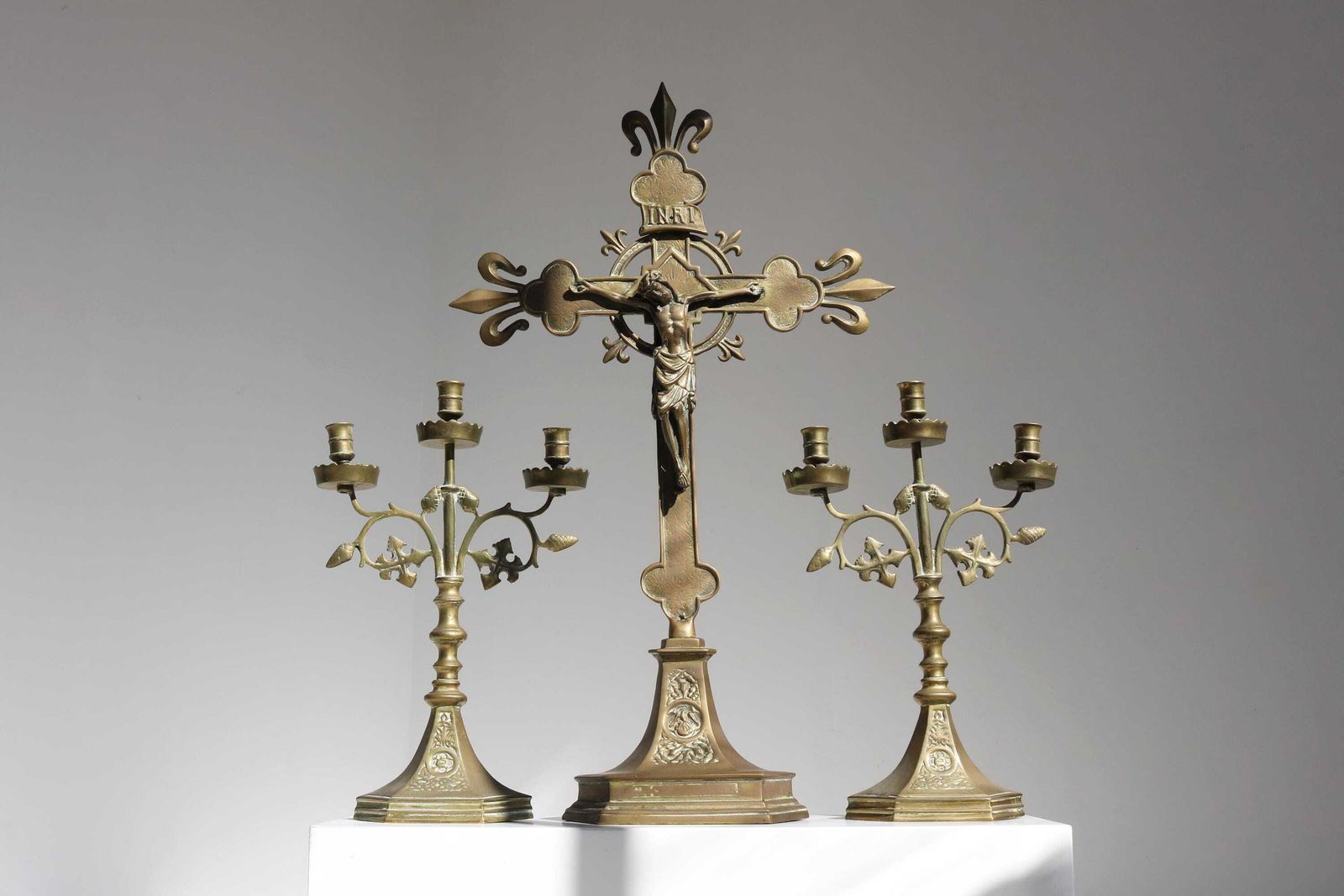 Antique French Church Altar Set – Brass Crucifix & Candelabras – Three Piece Religious Decor  Fleur De Lis 1900s