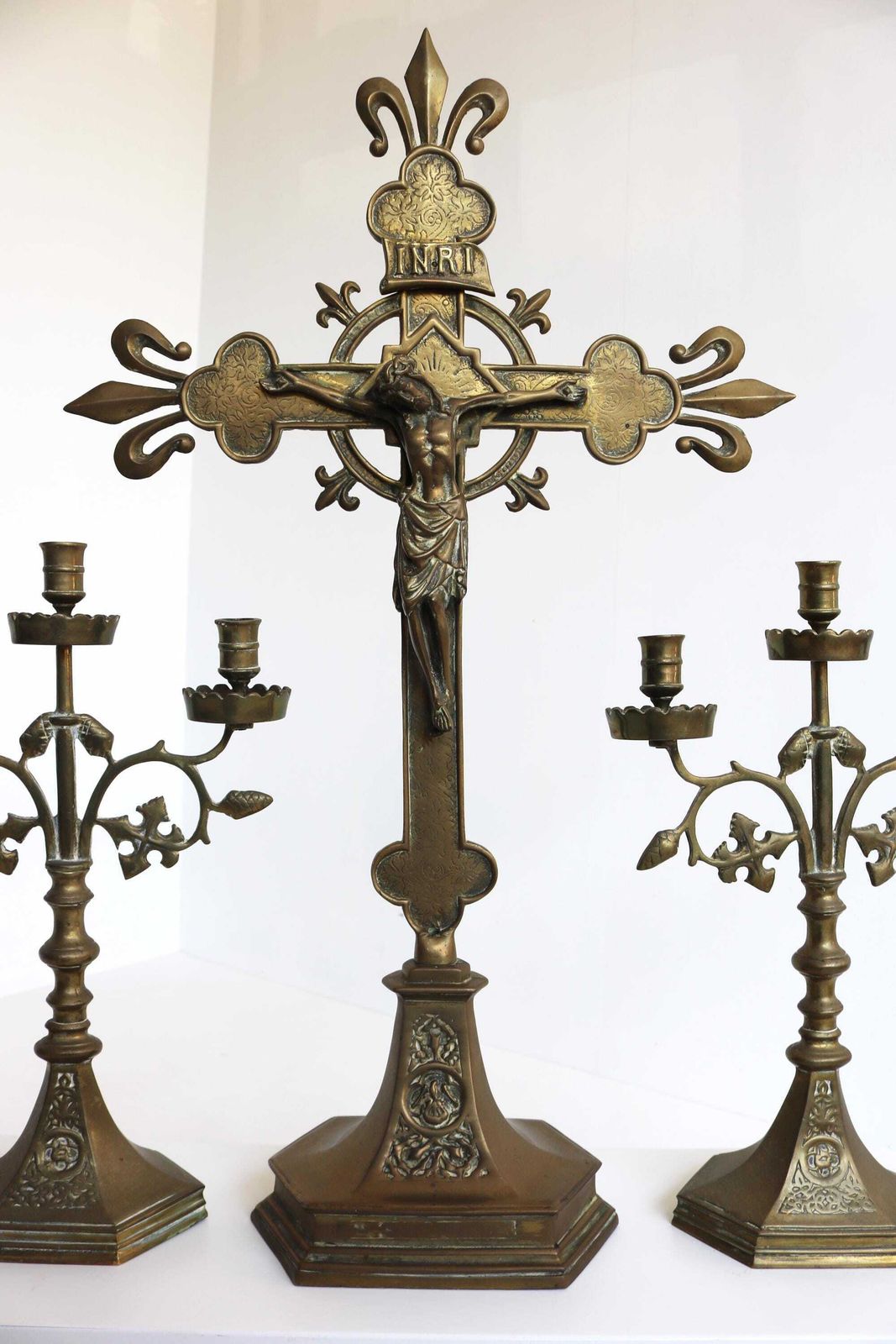 Antique French Church Altar Set – Brass Crucifix & Candelabras – Three Piece Religious Decor  Fleur De Lis 1900s photo furniture