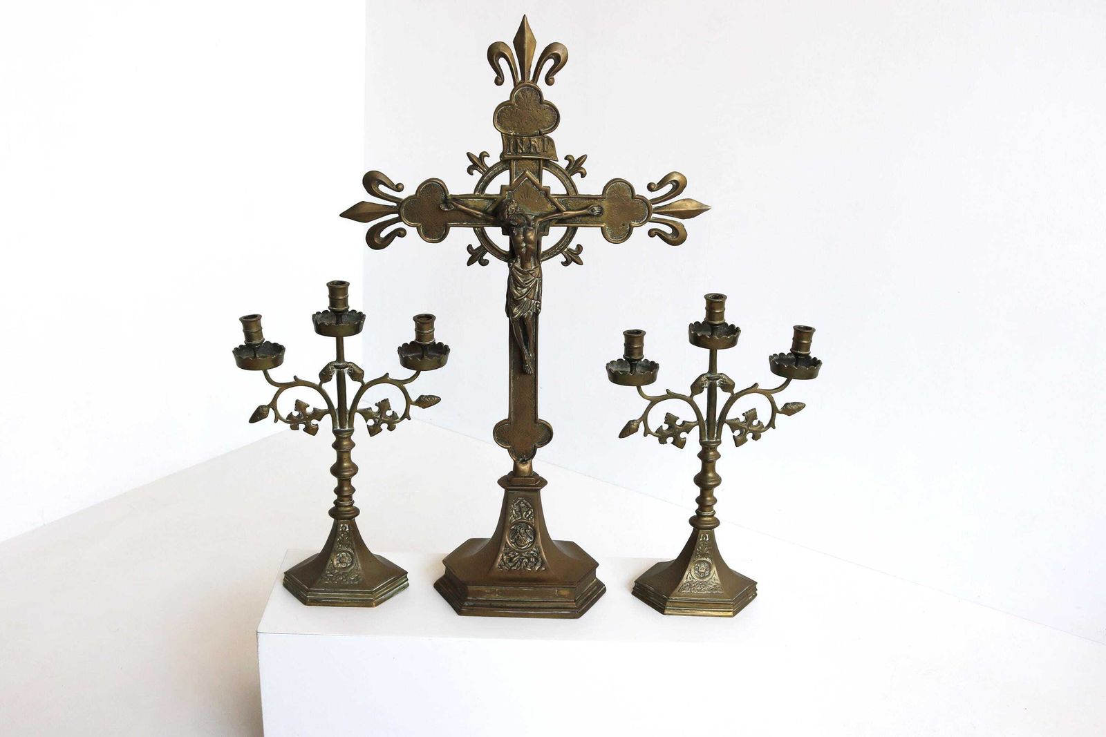 Antique French Church Altar Set – Brass Crucifix & Candelabras – Three Piece Religious Decor  Fleur De Lis 1900s photo for sale