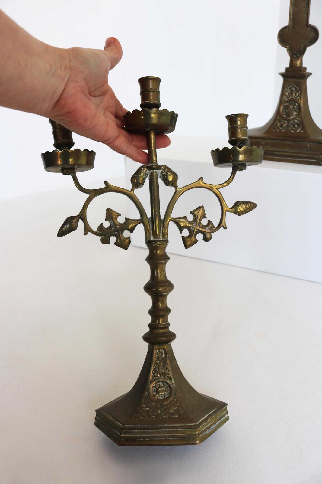Antique French Church Altar Set – Brass Crucifix & Candelabras – Three Piece Religious Decor  Fleur De Lis 1900s photo buy