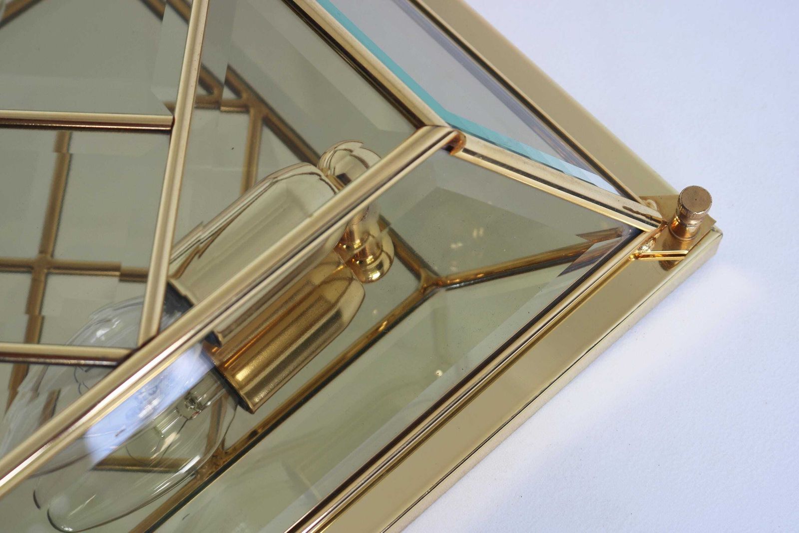 Mid Century Modernist Square Flush Mount Wall Mounted Chandelier Brass And Glass Gold Plated Faceted Glass Sconce 1980s photo for sale