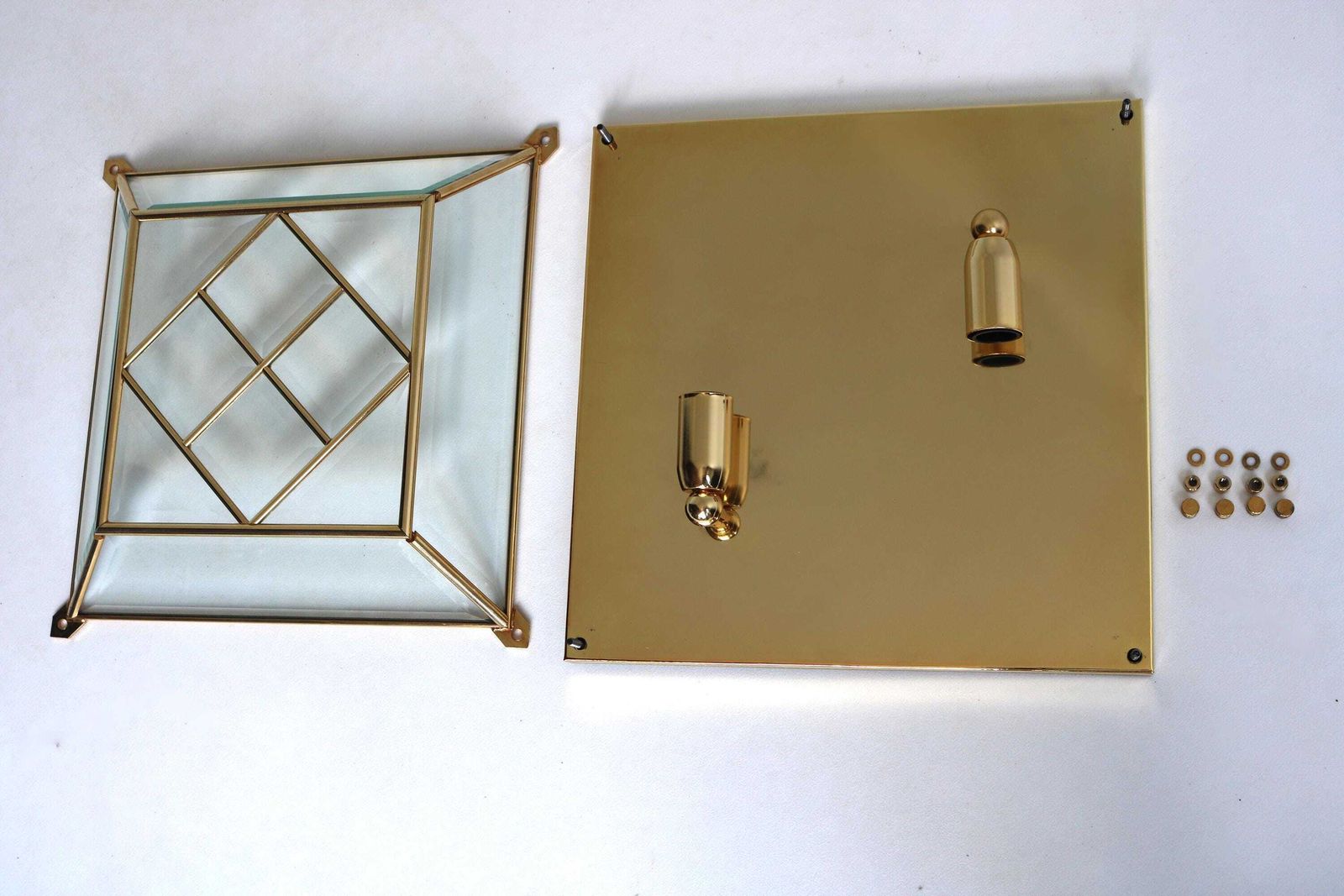 Mid Century Modernist Square Flush Mount Wall Mounted Chandelier Brass And Glass Gold Plated Faceted Glass Sconce 1980s photo vintage