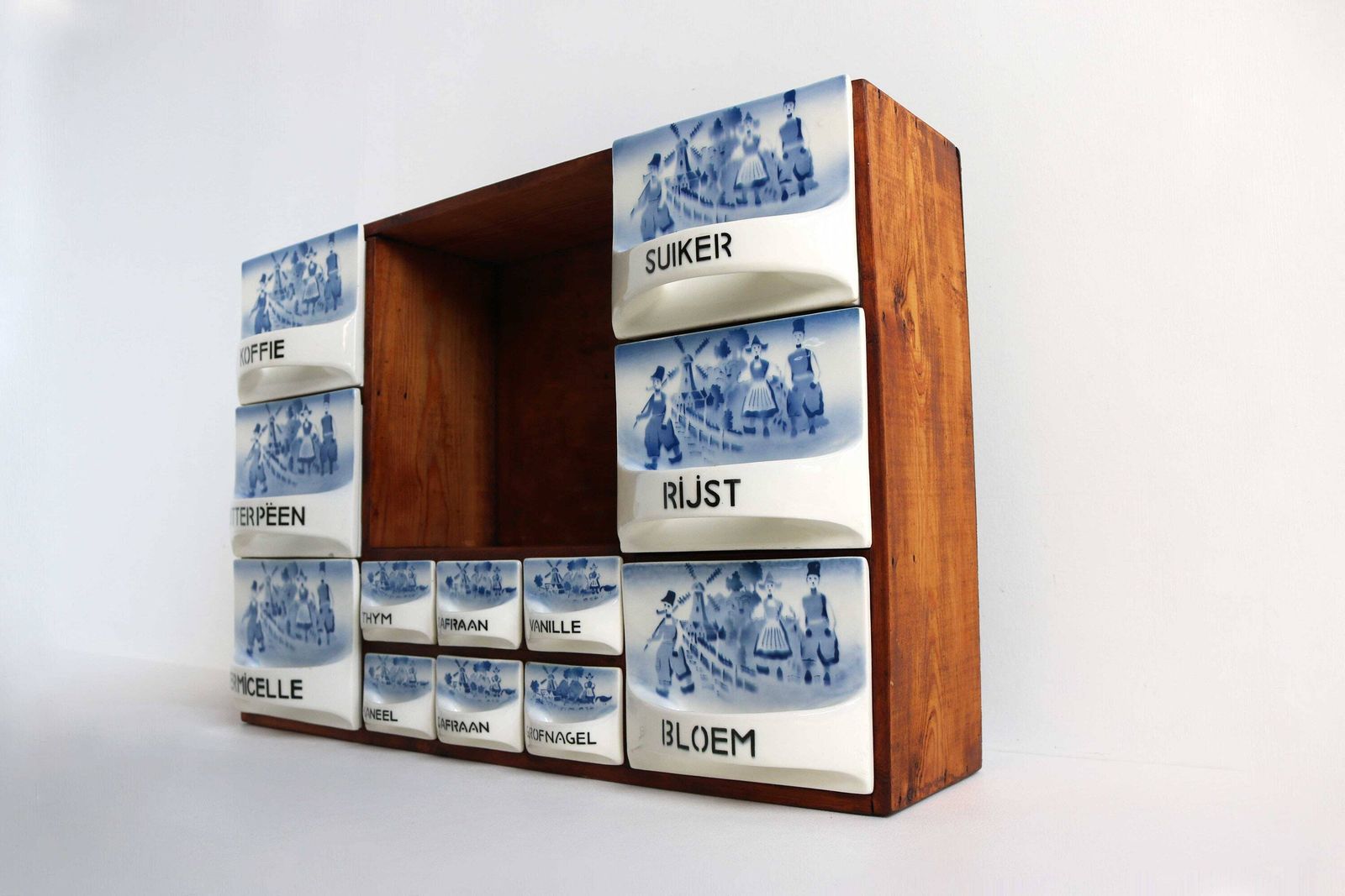 Antique Dutch Wooden Spice Cabinet Blue / White Ceramic Drawers 1920s Windmill / Farmers Wall Cabinet Kitchen Country Porcelain Art Deco photo furniture