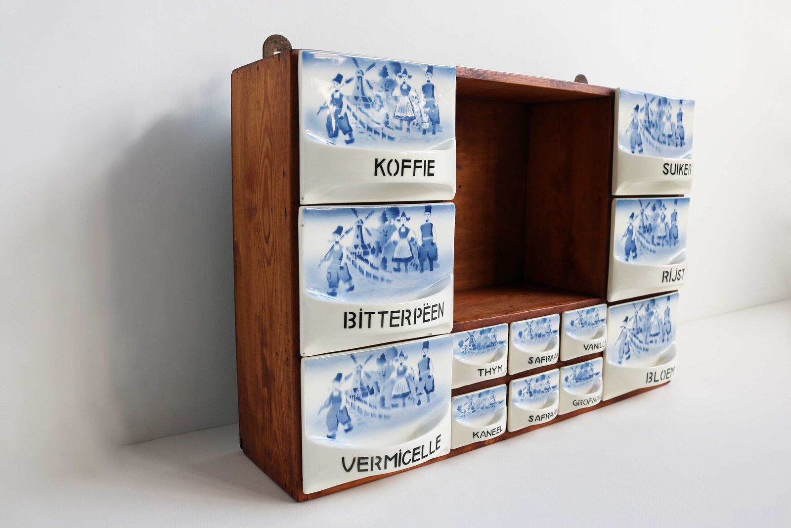 Antique Dutch Wooden Spice Cabinet Blue / White Ceramic Drawers 1920s Windmill / Farmers Wall Cabinet Kitchen Country Porcelain Art Deco photo for sale