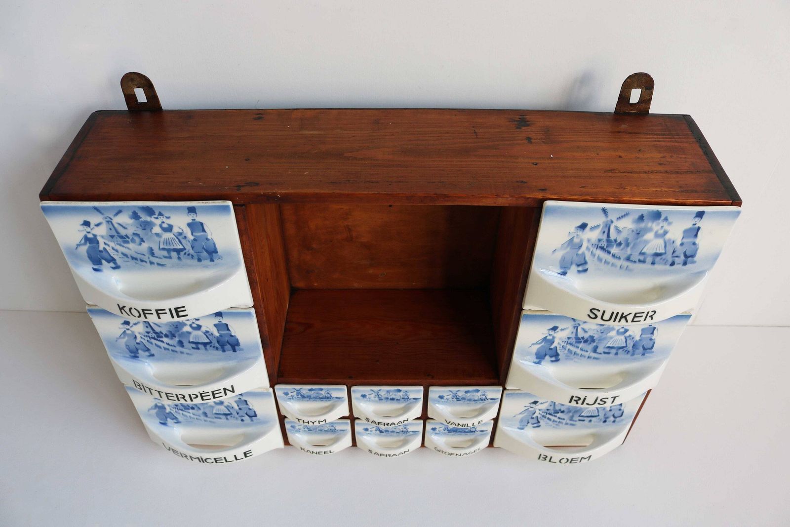 Antique Dutch Wooden Spice Cabinet Blue / White Ceramic Drawers 1920s Windmill / Farmers Wall Cabinet Kitchen Country Porcelain Art Deco photo Furniture
