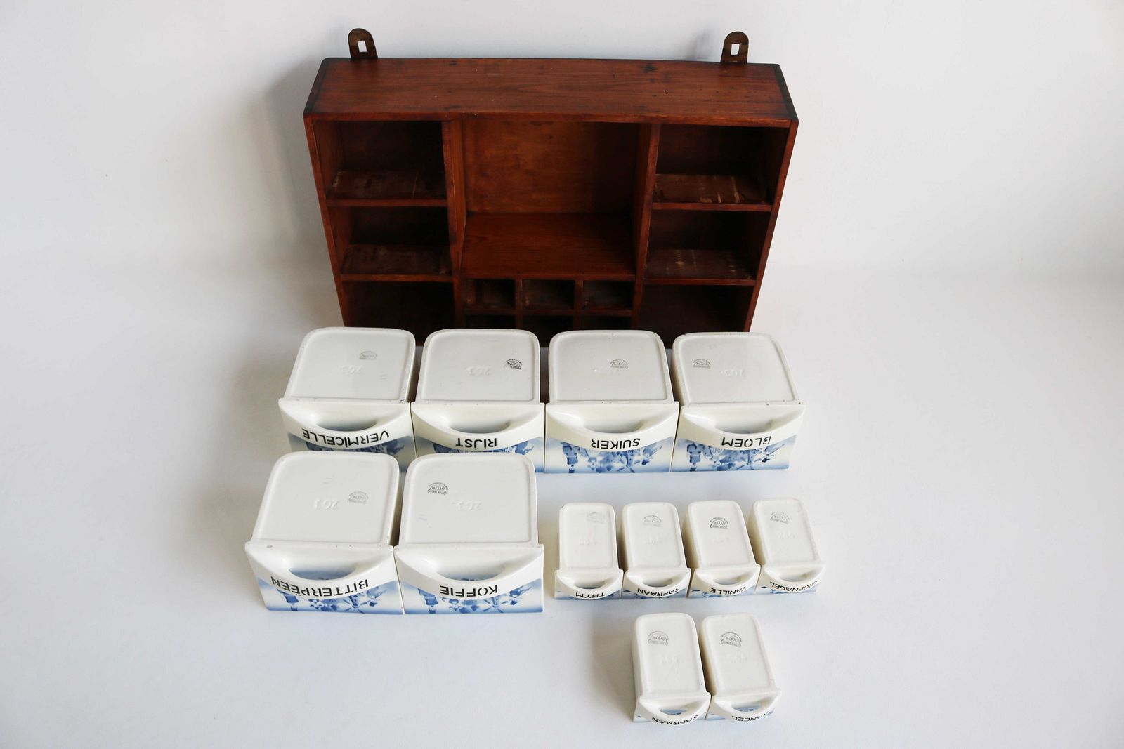 Antique Dutch Wooden Spice Cabinet Blue / White Ceramic Drawers 1920s Windmill / Farmers Wall Cabinet Kitchen Country Porcelain Art Deco photo vintage