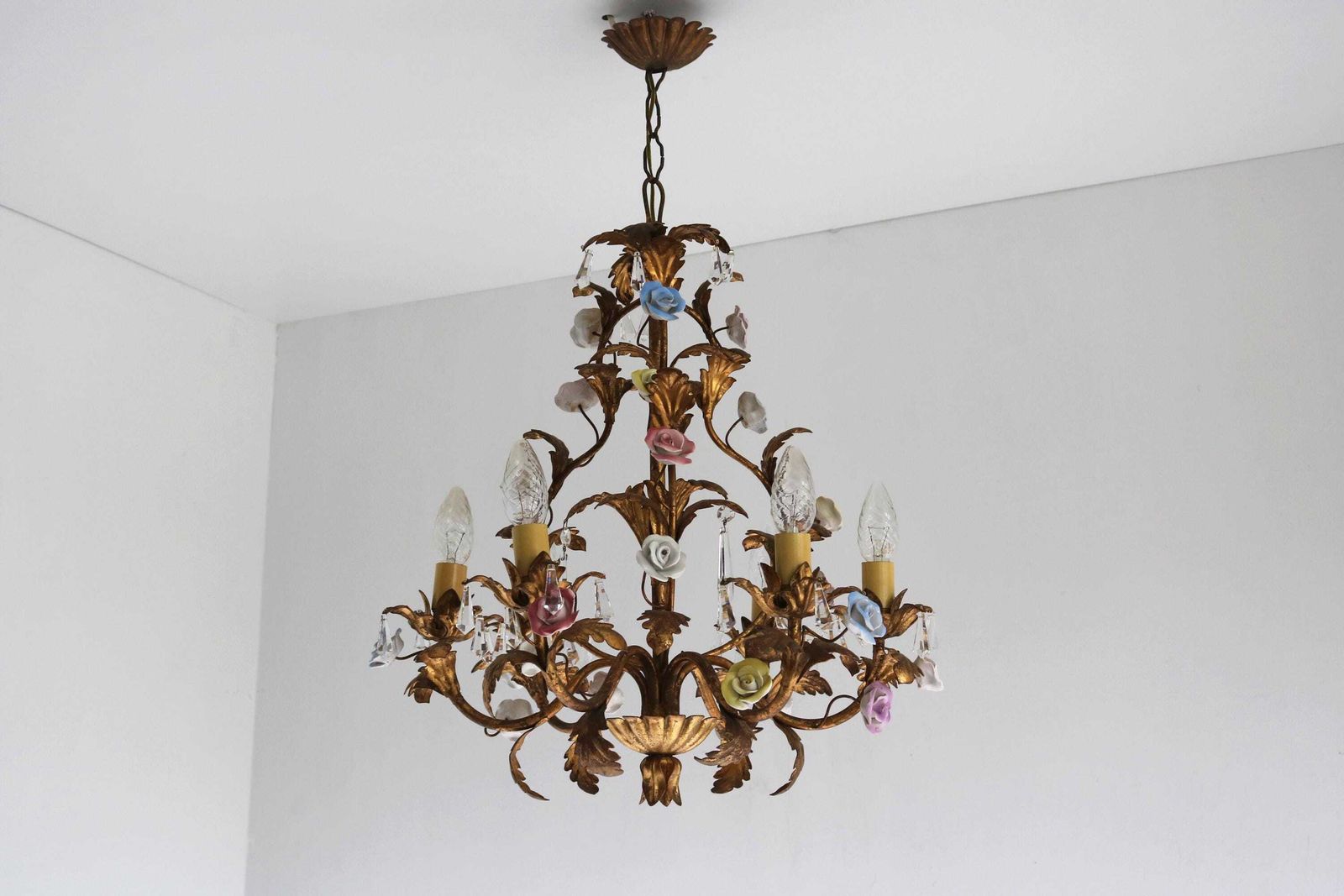 Italian Florentine Tole Chandelier Hand Made Ceramic Roses Hanging Crystals Pendant Ceiling Light Flowers Gold Plated Metal Acanthus Leaves photo furniture