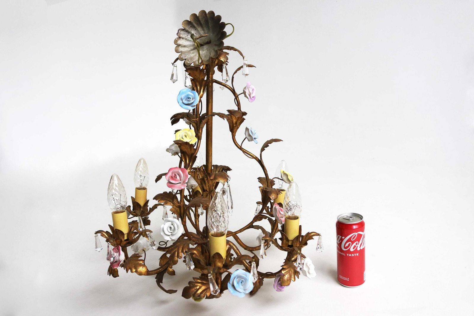 photo for sale Italian Florentine Tole Chandelier Hand Made Ceramic Roses Hanging Crystals Pendant Ceiling Light Flowers Gold Plated Metal Acanthus Leaves