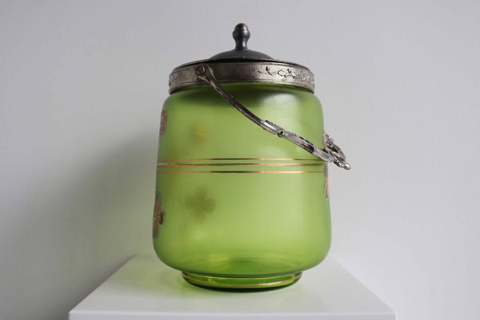 Antique Floral Hand Painted Enameled Green Glass Biscuit Box Art Nouveau Cookie Jar Jugendstil Candy Jar Biscuit Barrel France 1900s photo for sale