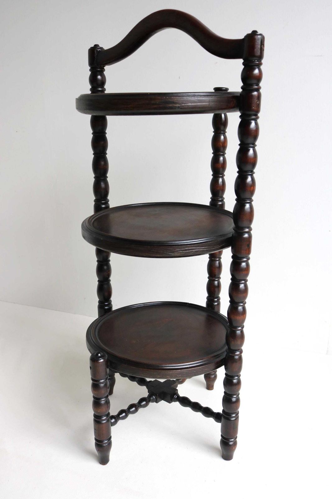 Antique Oak Bobbin Cake Pie Pastry Muffin Stand Turned Three Tier Stand Vintage Display Table Plant Stand Afternoon Tea Stand 1900s photo furniture