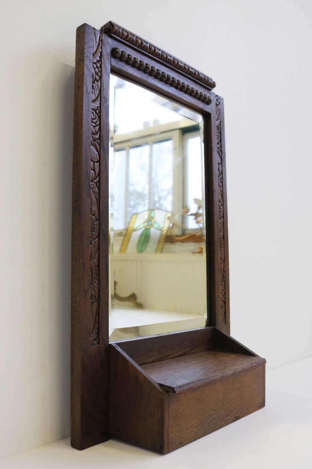 Antique Art Deco Wood Carved Beveled Mirror Bathroom Entryway Hall Cabinet Small Wall Cabinet With Comb Tray 1920/1930 photo Home Decor