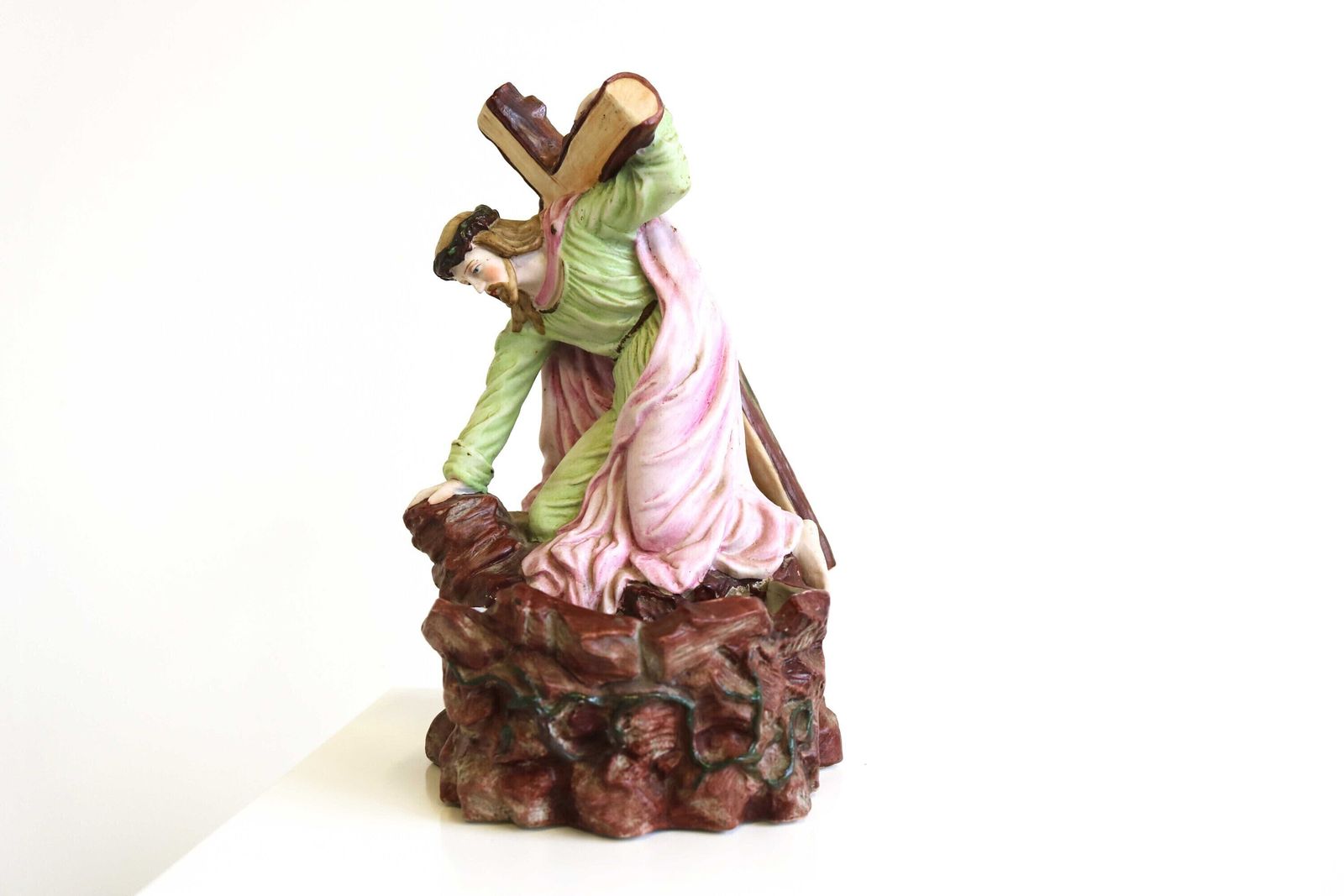 Bisque Holy Water Font Jesus With Cross For Table Top Germany Antique 19th Century Figurine Christ Carrying Cross Religious 1900s
