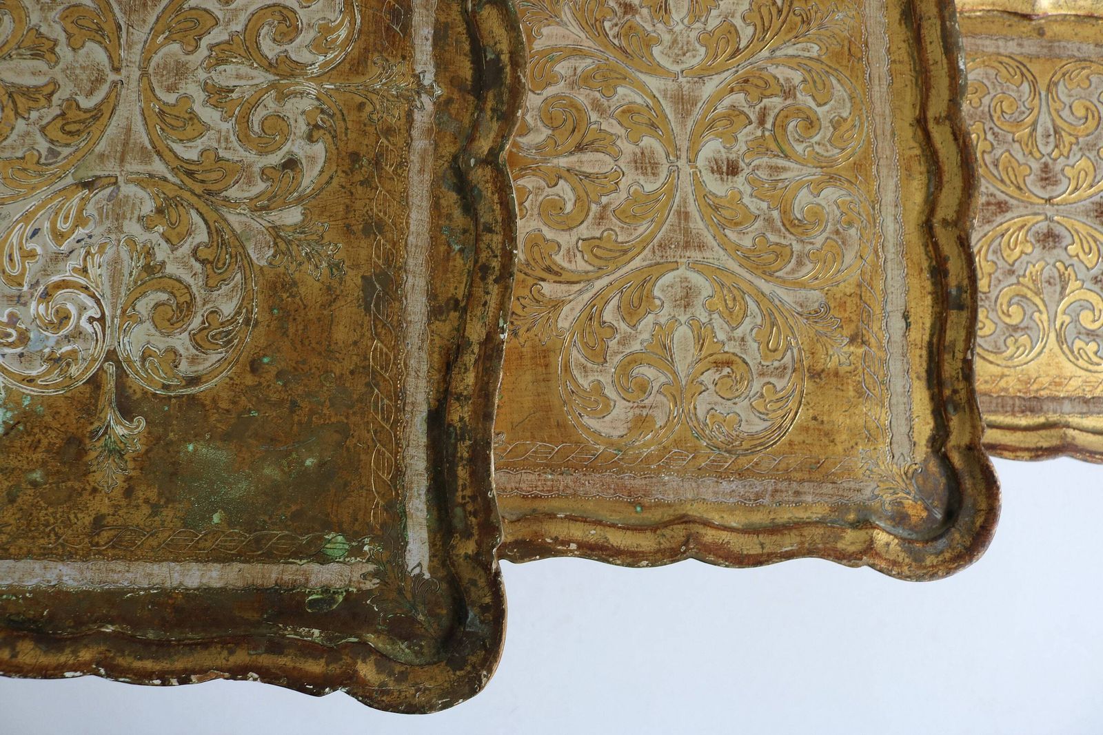 Set Of Three Italian Florentine Gold Hollywood Regency Wood Stacking Nesting Tables Additional Tables Side Tables Set Tables 1960s photo vintage