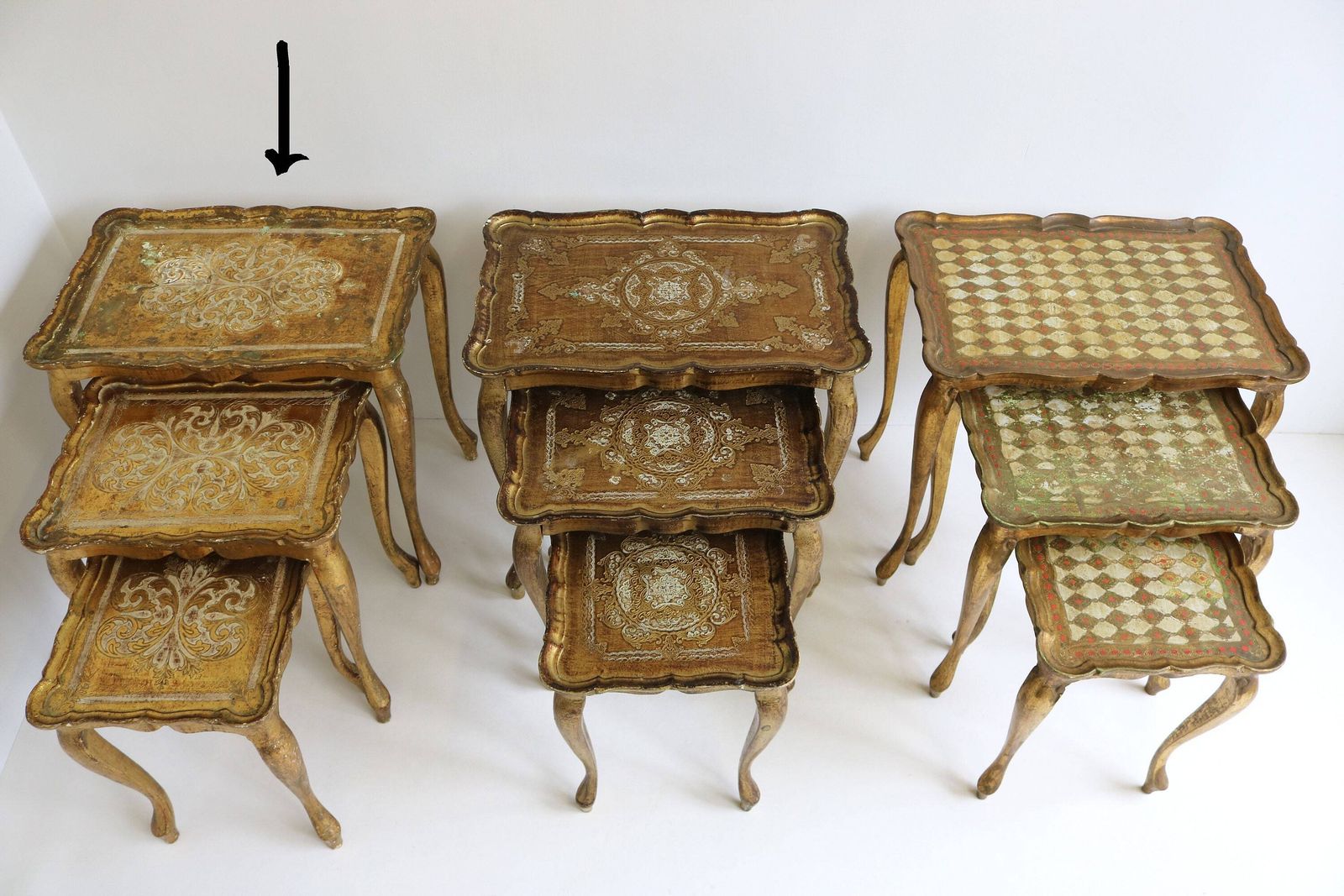 photo for sale Set Of Three Italian Florentine Gold Hollywood Regency Wood Stacking Nesting Tables Additional Tables Side Tables Set Tables 1960s