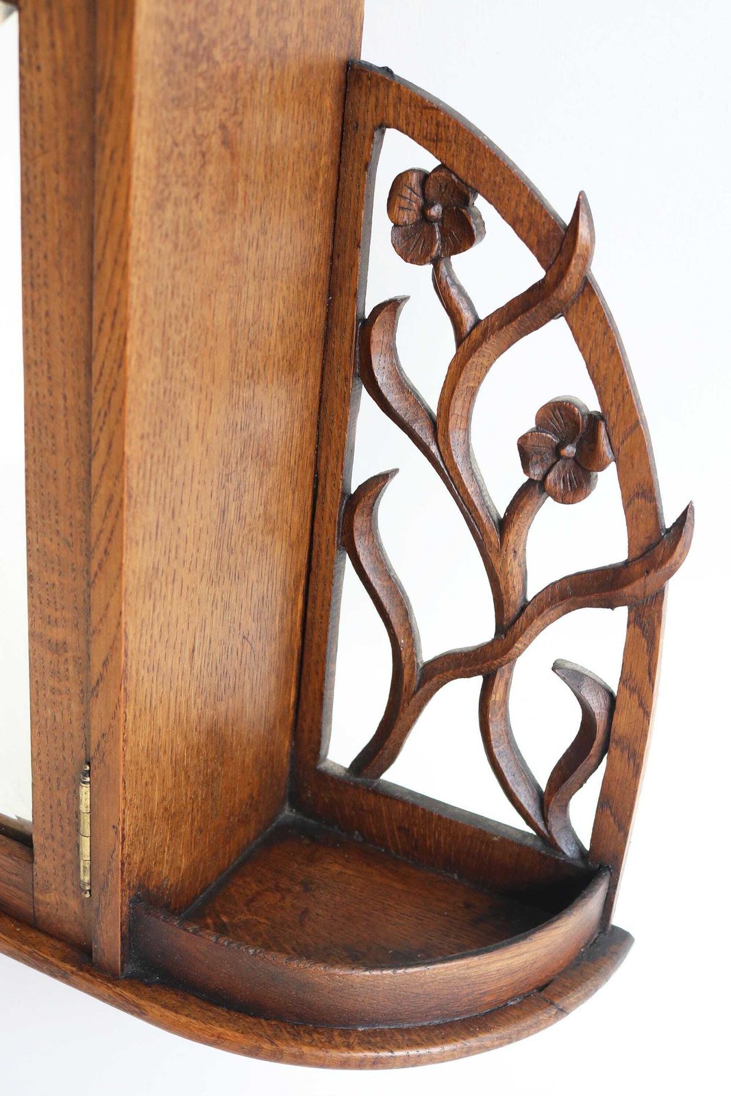 French Antique Art Nouveau Wall Cabinet / Medicine Cabinet Beveled Mirror Blue Glass Floral Carved Oak Apothecary Key Cabinet 1900  1910 photo Furniture