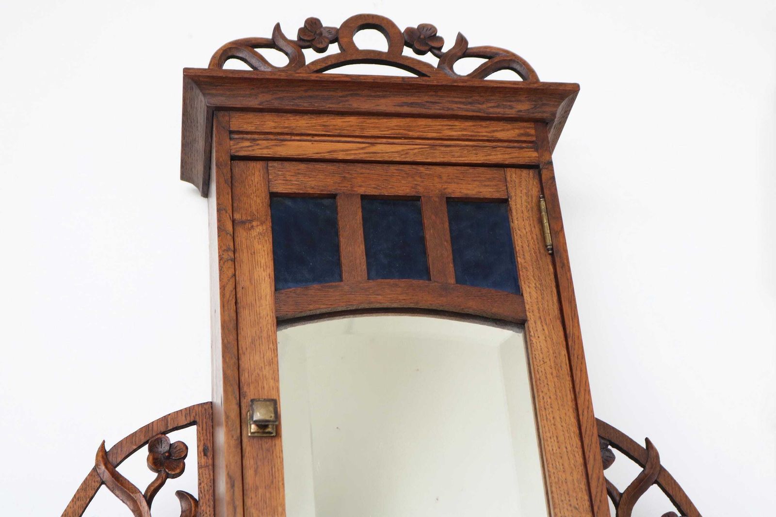 French Antique Art Nouveau Wall Cabinet / Medicine Cabinet Beveled Mirror Blue Glass Floral Carved Oak Apothecary Key Cabinet 1900  1910 photo 2602.0