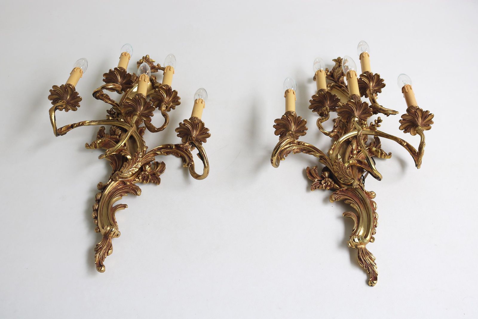 Couple Monumental French Gilt Brass Wall Sconces Appliques Pair Of French Louis XV Style Wall Lamps Antique Style Wall Lights Chateau 1960s photo furniture