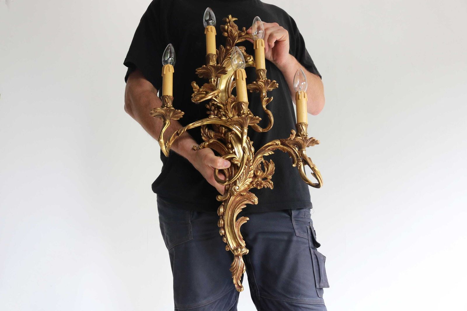 Couple Monumental French Gilt Brass Wall Sconces Appliques Pair Of French Louis XV Style Wall Lamps Antique Style Wall Lights Chateau 1960s photo vintage