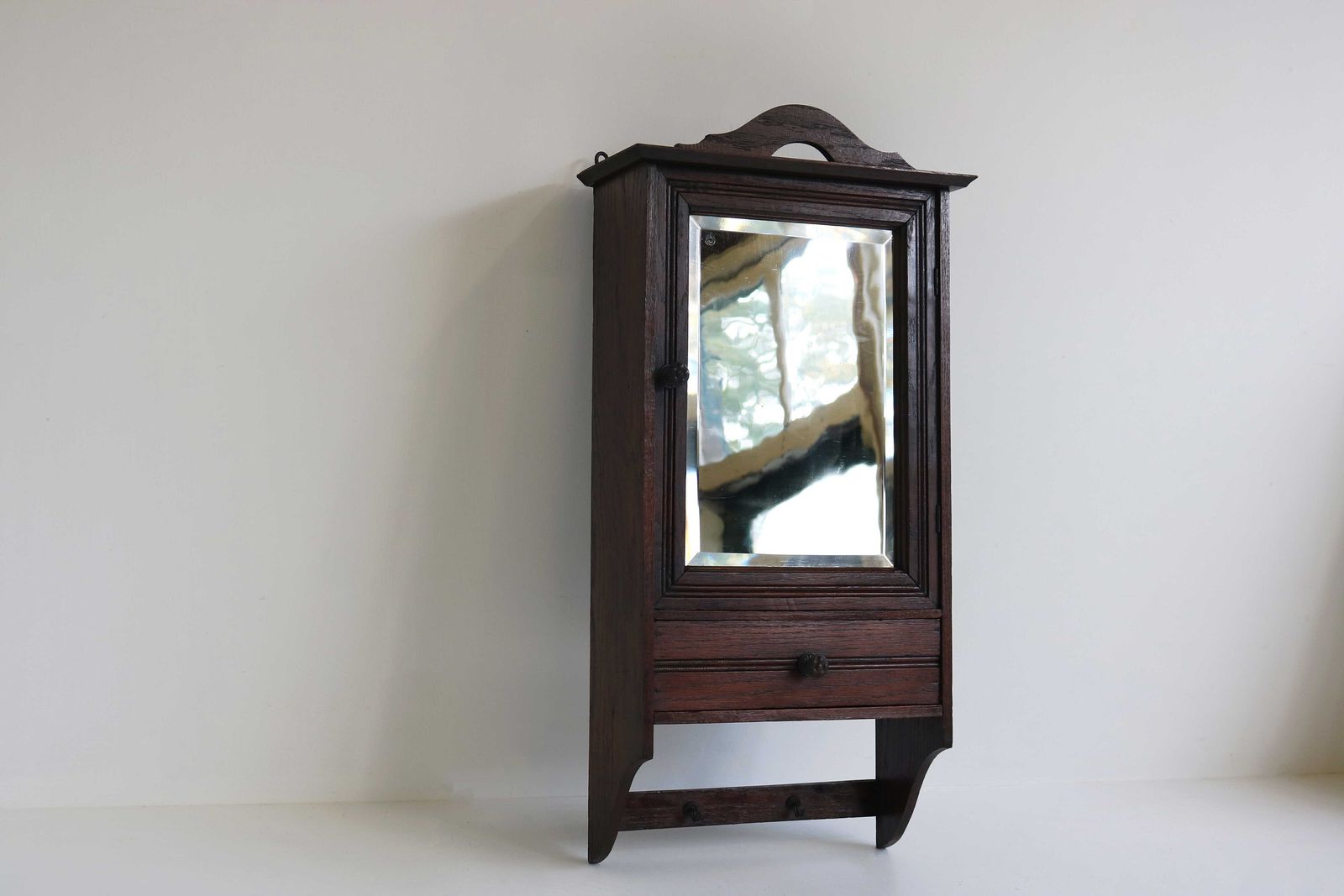 Vintage Small Wall Cabinet With Pediment Beveled Mirror Small Drawer Bathroom Medicine Apothecary Kitchen Cabinet Two Small Hooks 1930 40s photo Furniture