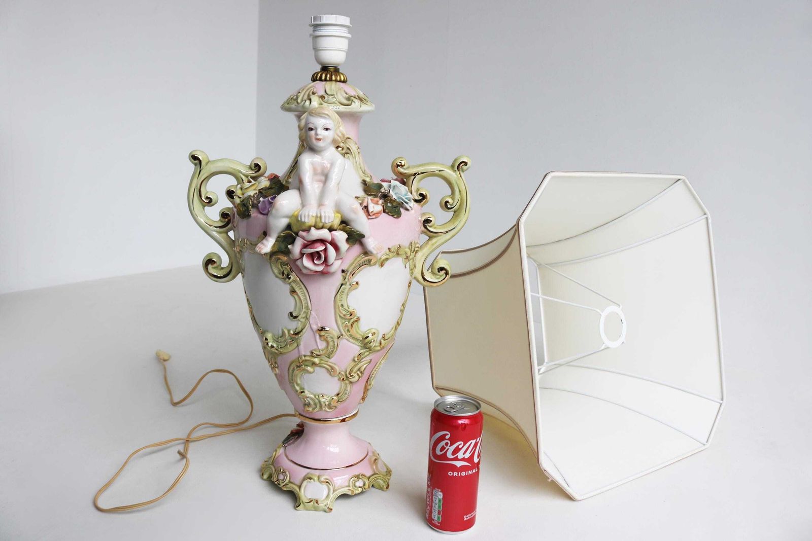 photo for sale Capodimonte Porcelain Cherubs Vintage Large Table Lamp, Mid Century Floral Desk Lamp Marked "994 Made In Italy" 1950s