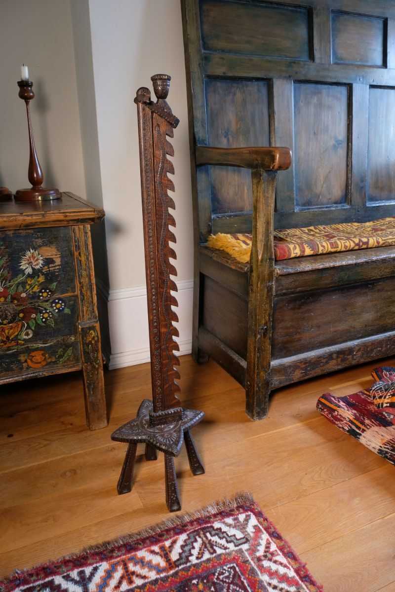Rare Arts & Crafts Carved Oak Adjustable Candle Stand photo 780.0