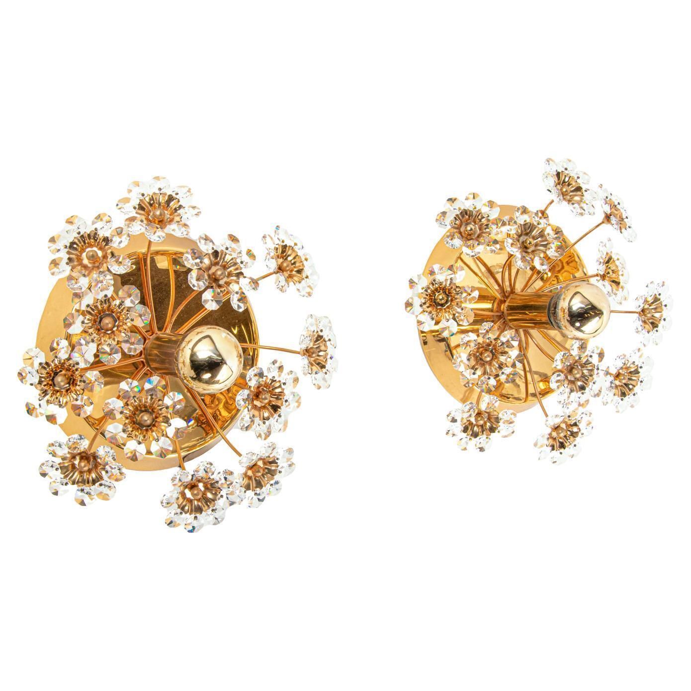 Pair Of Gold Plated Brass And Crystal Glass Wall Lamps Sconces By Palwa, 1960