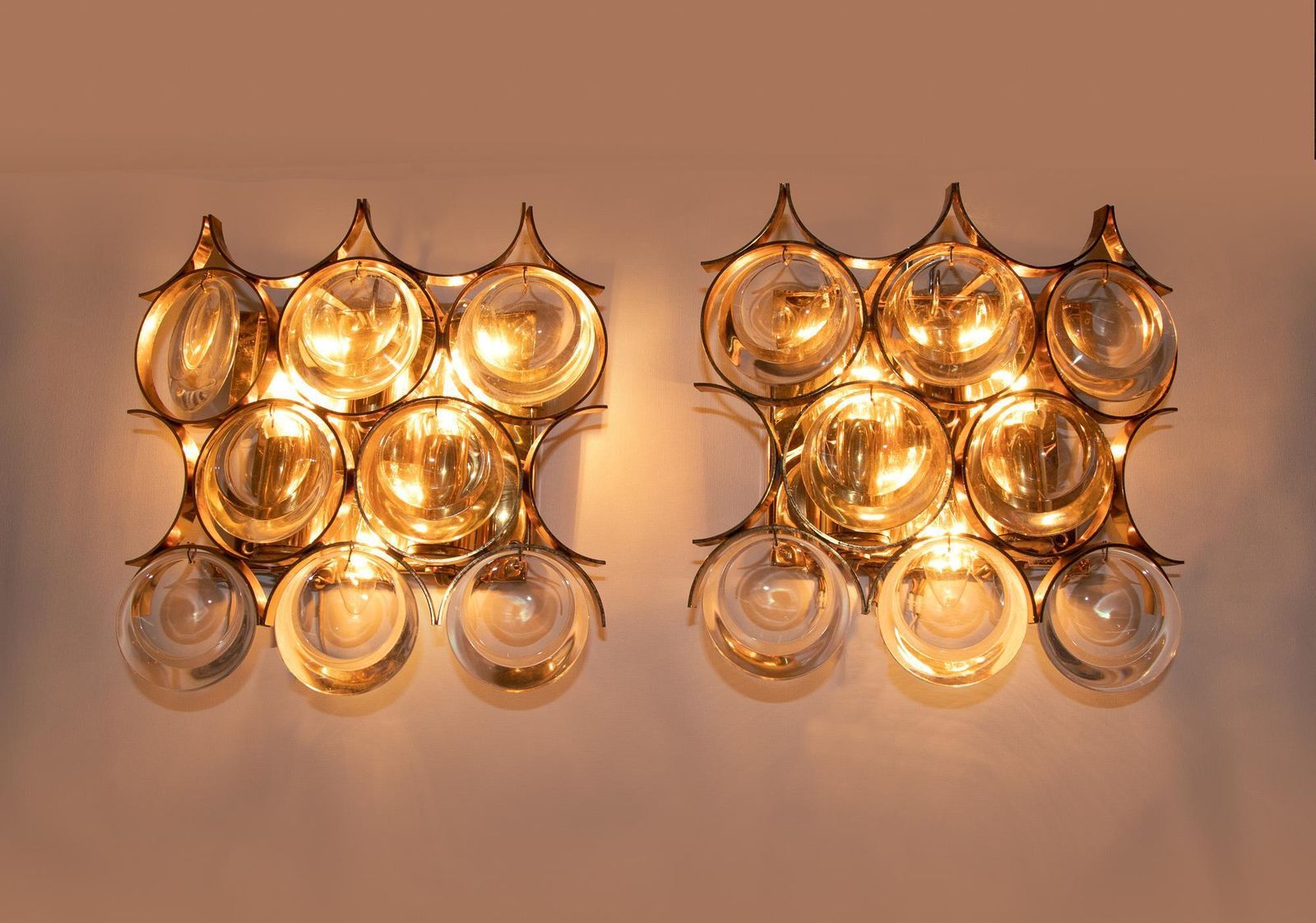 Pair Of Palwa Wall Sconces Gold Plated  Brass & Crystal Glass, 1960s photo for sale