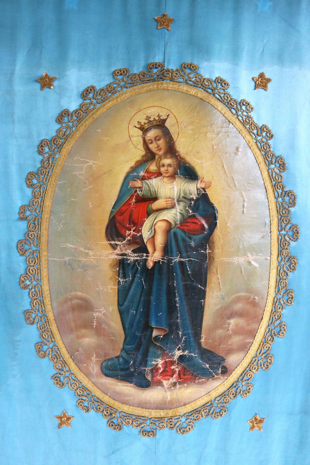 Antiek Religieus Handgemaakt Stoffen Kerkbanner Van Maria En Het Kindje Jezus – Oud Processie  En Altaarstuk, Wanddecoratie, Christelijk, Victoriaans photo furniture