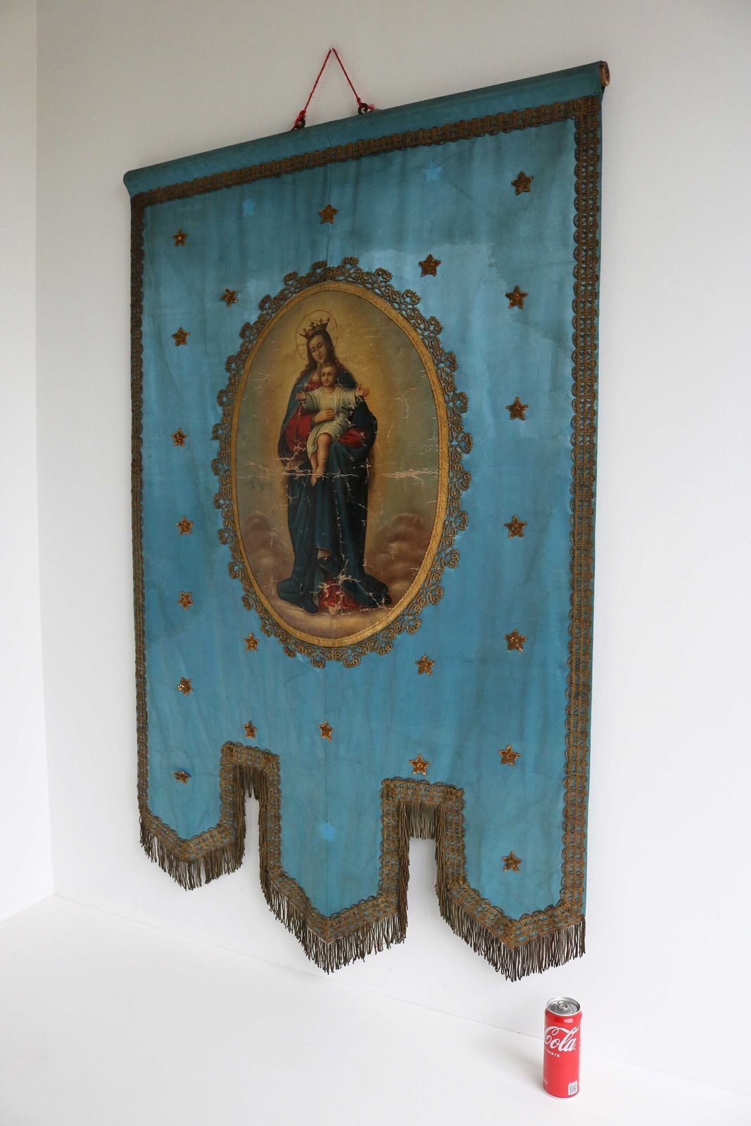 Antique Religious Handmade Fabric Church Banner Of Mother Mary And Baby Jesus Old Procession Altar Wall Hanging Christianity Victorian Flag photo 1101.0
