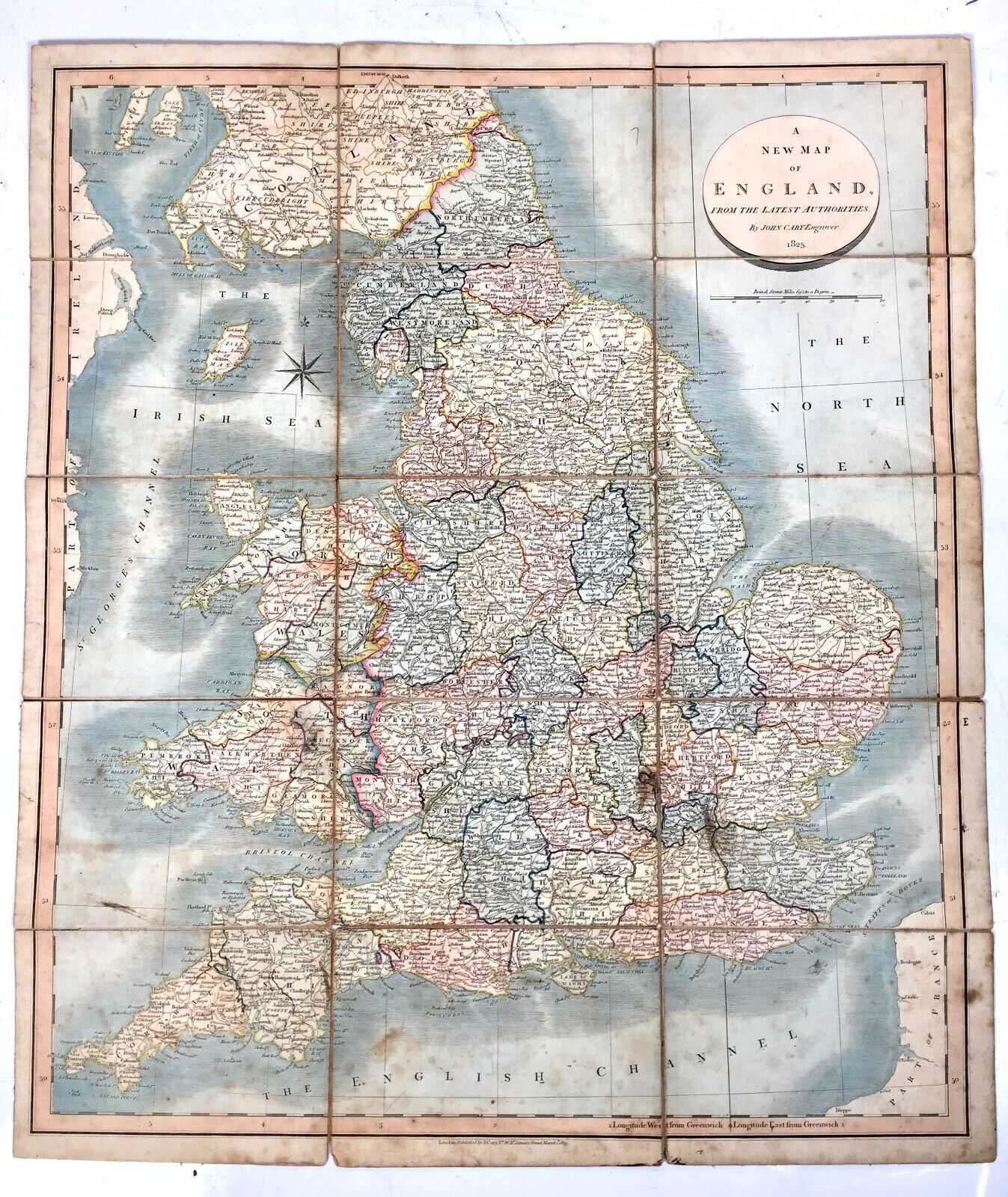 A New Map Of England From The Latest Authorities By John Cary / Antique 1825 photo for sale