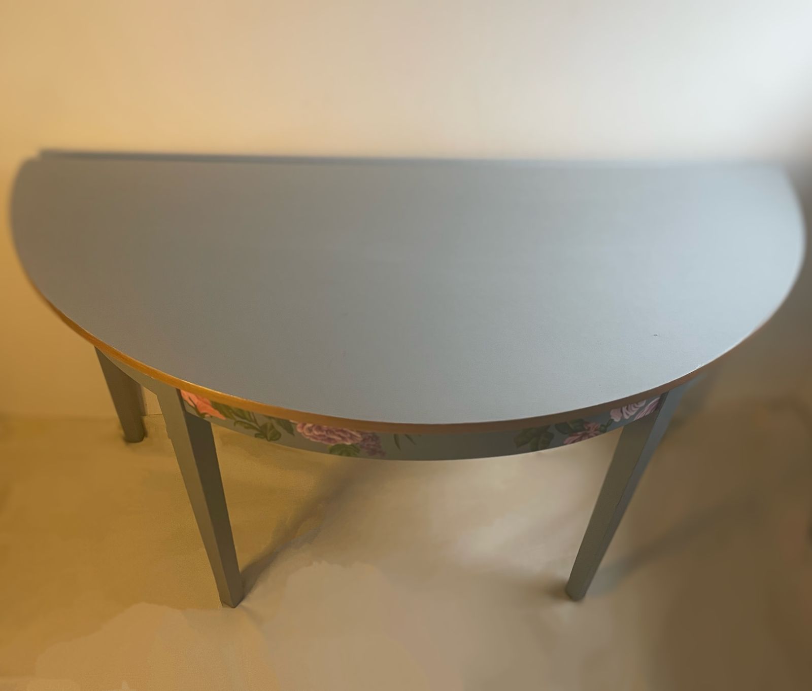 Hand Painted   Unique Half Moon   Accent Table   Elegant Floral Designs And A Rich Gold Trim On A Light Blue Background photo Furniture