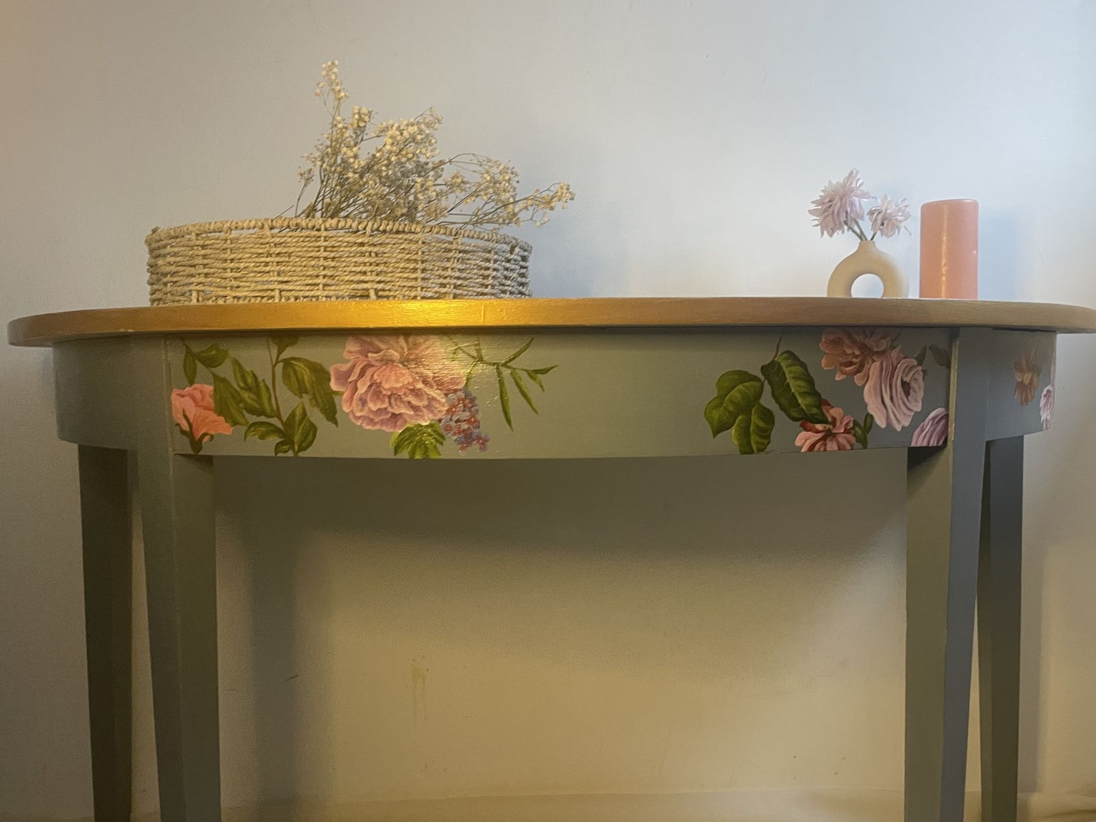 Hand Painted   Unique Half Moon   Accent Table   Elegant Floral Designs And A Rich Gold Trim On A Light Blue Background photo 249.99