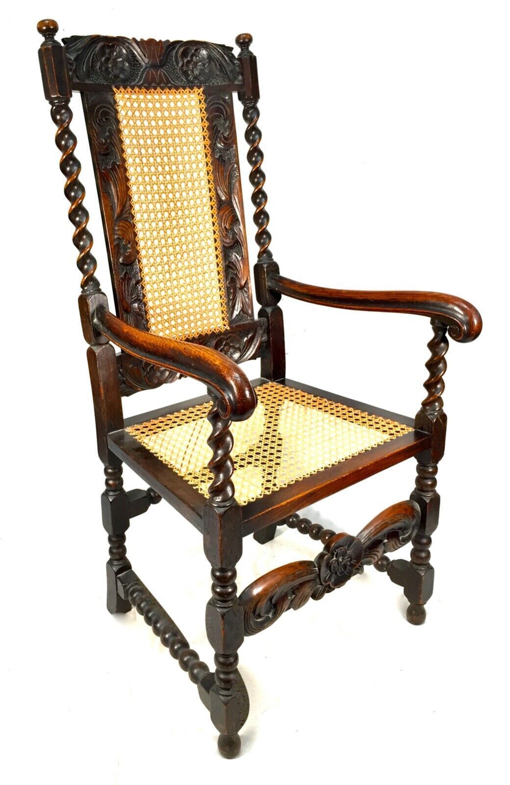 Antique 18th Century Furniture Wooden Oak Carved Arm Chair With Cane Back & Seat