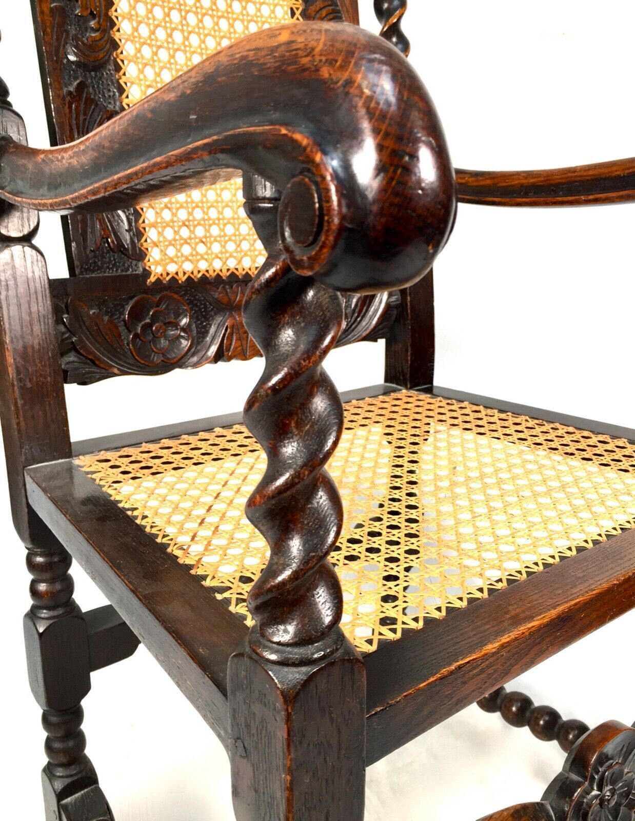 Antique 18th Century Furniture Wooden Oak Carved Arm Chair With Cane Back & Seat photo vinterior