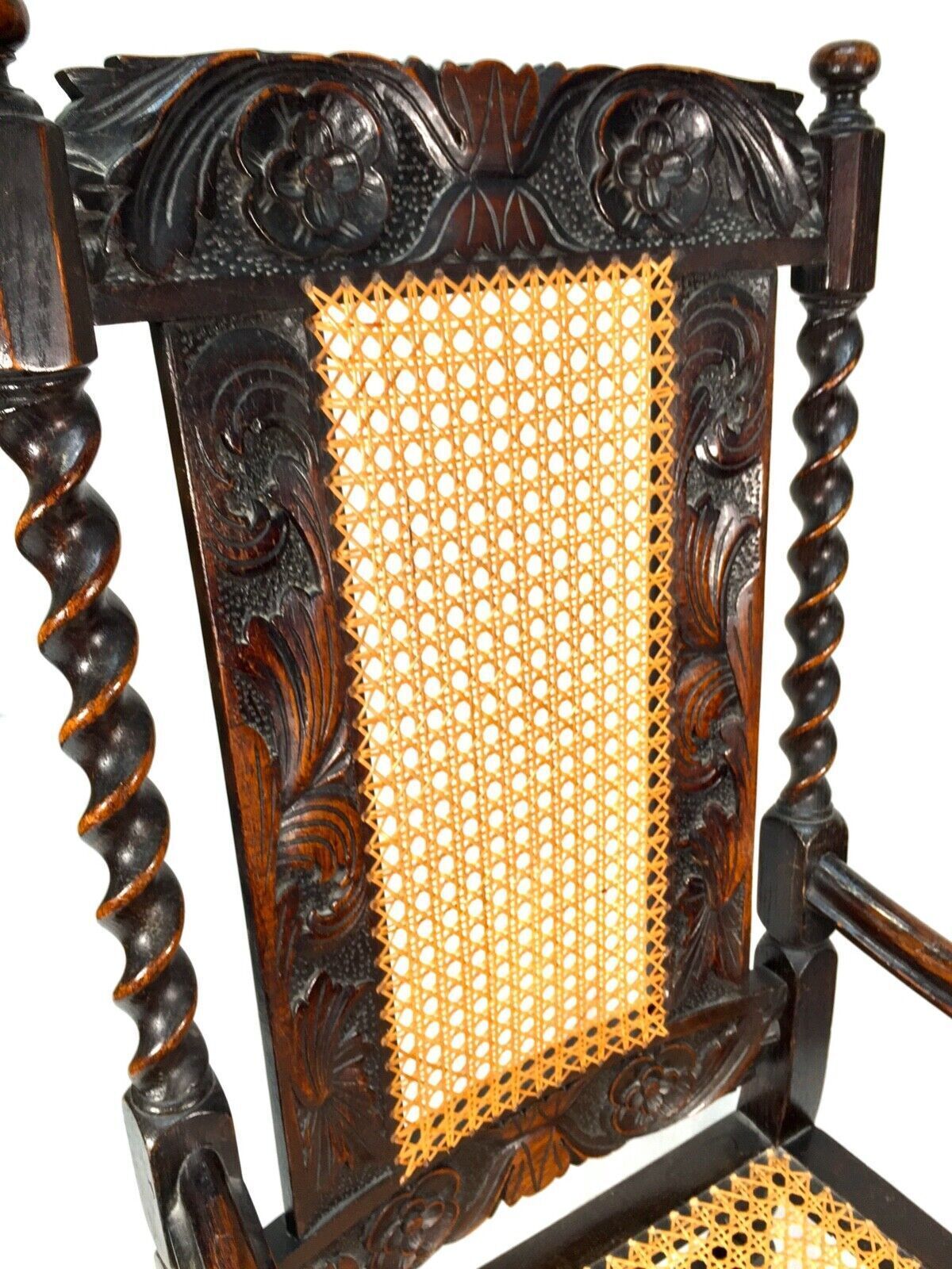 Antique 18th Century Furniture Wooden Oak Carved Arm Chair With Cane Back & Seat photo vintage
