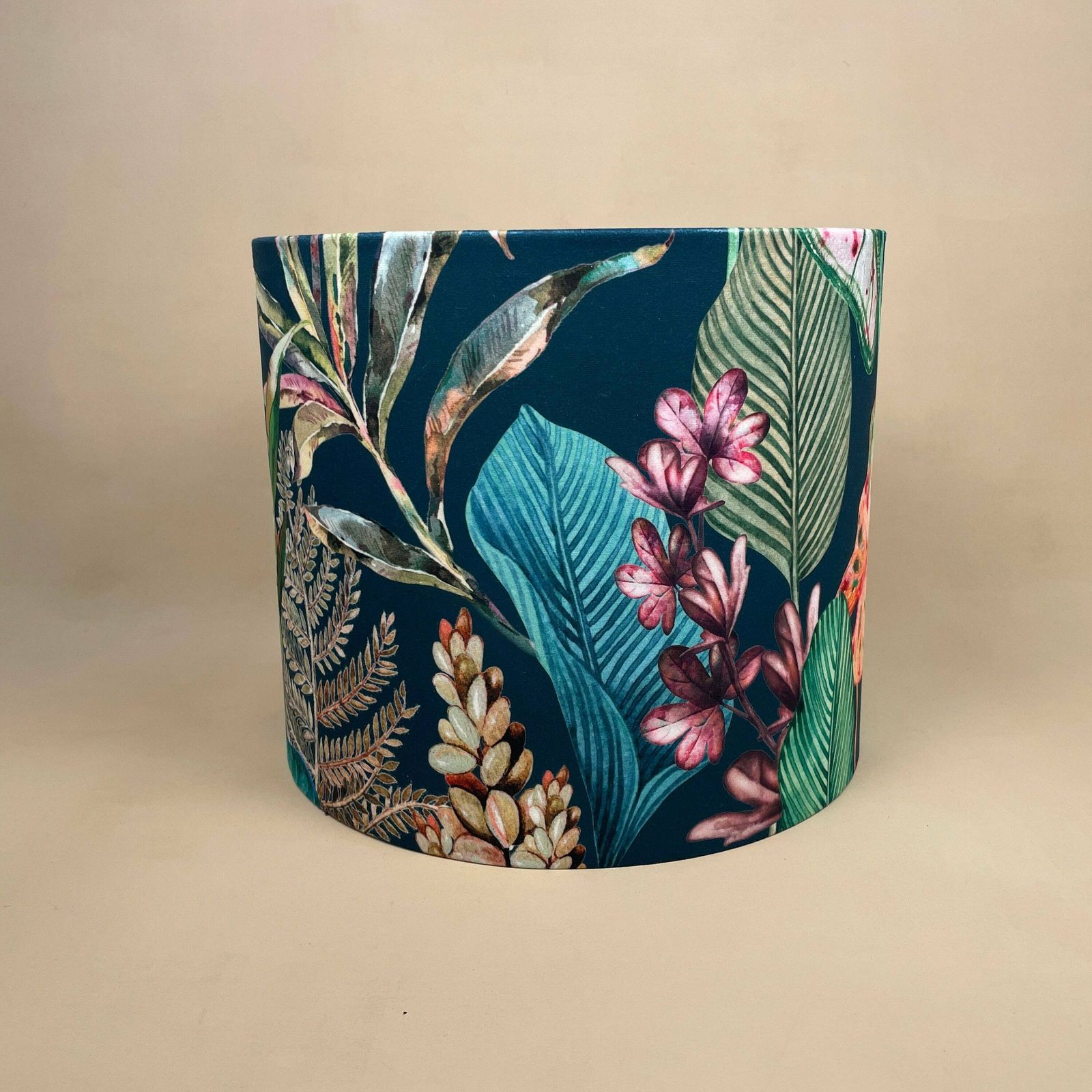 Tropical Printed Velvet Lamp Shade Lampshade Ceiling Lightshade Drum Cylinder Fabric Textile Medium Rain Forest Floral Pattern Green Blue photo for sale