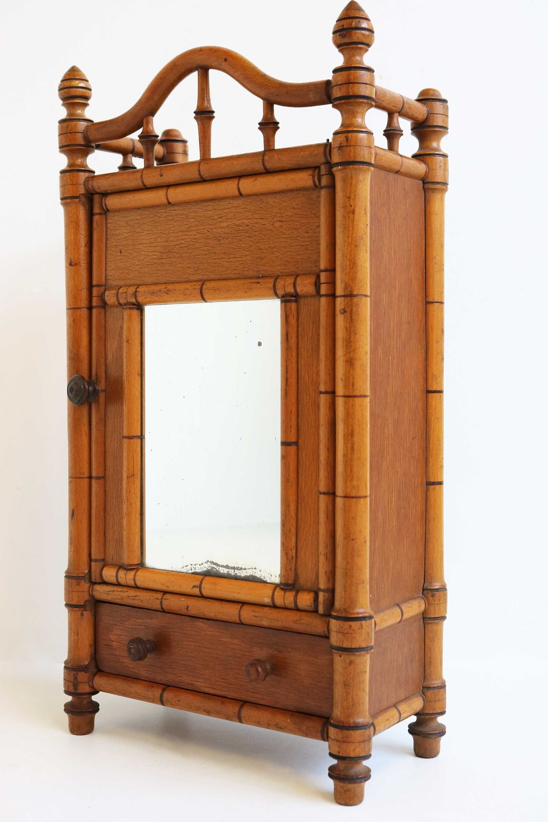Small Antique Faux Bamboo Miniature Cabinet With Distressed Mirror French Miniature Armoire 1920s Doll's Armoir photo furniture