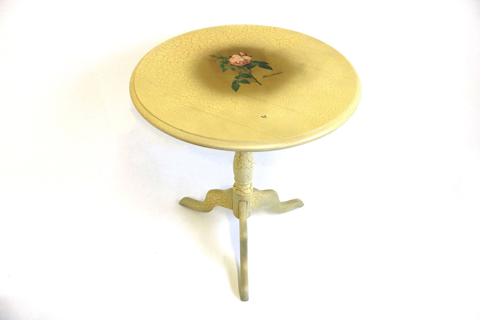 French Provincial Style Round Tripod Side Table Craquele Painted Vintage Whine Table Distress Plaque Rosa Indica Fragrans Additional Table