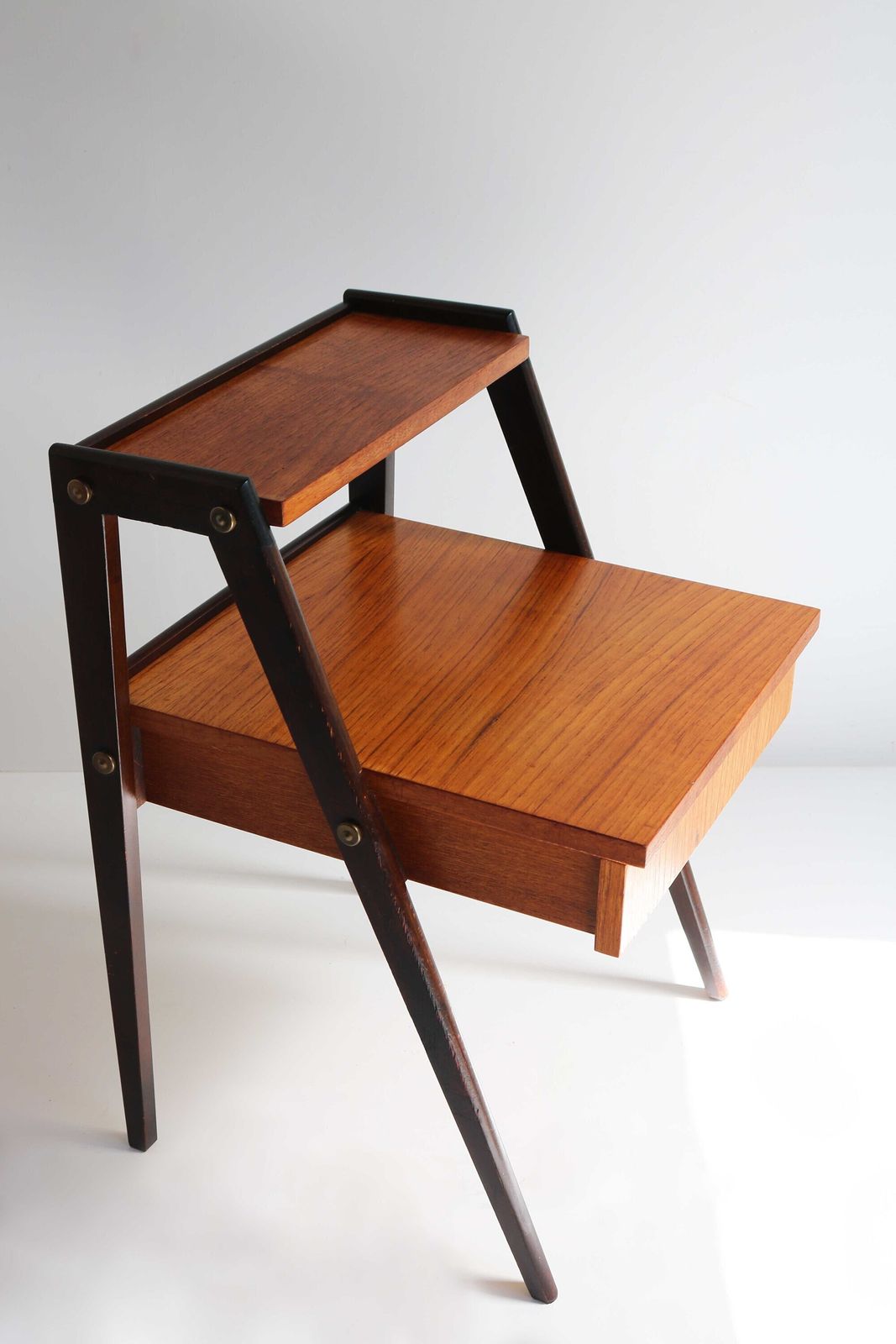 Danish Modern Teak Nightstand Mid Century End Table Compass Legs Bedside Table Two Tiers Drawer Side Table Bedside Cabinet photo vintage
