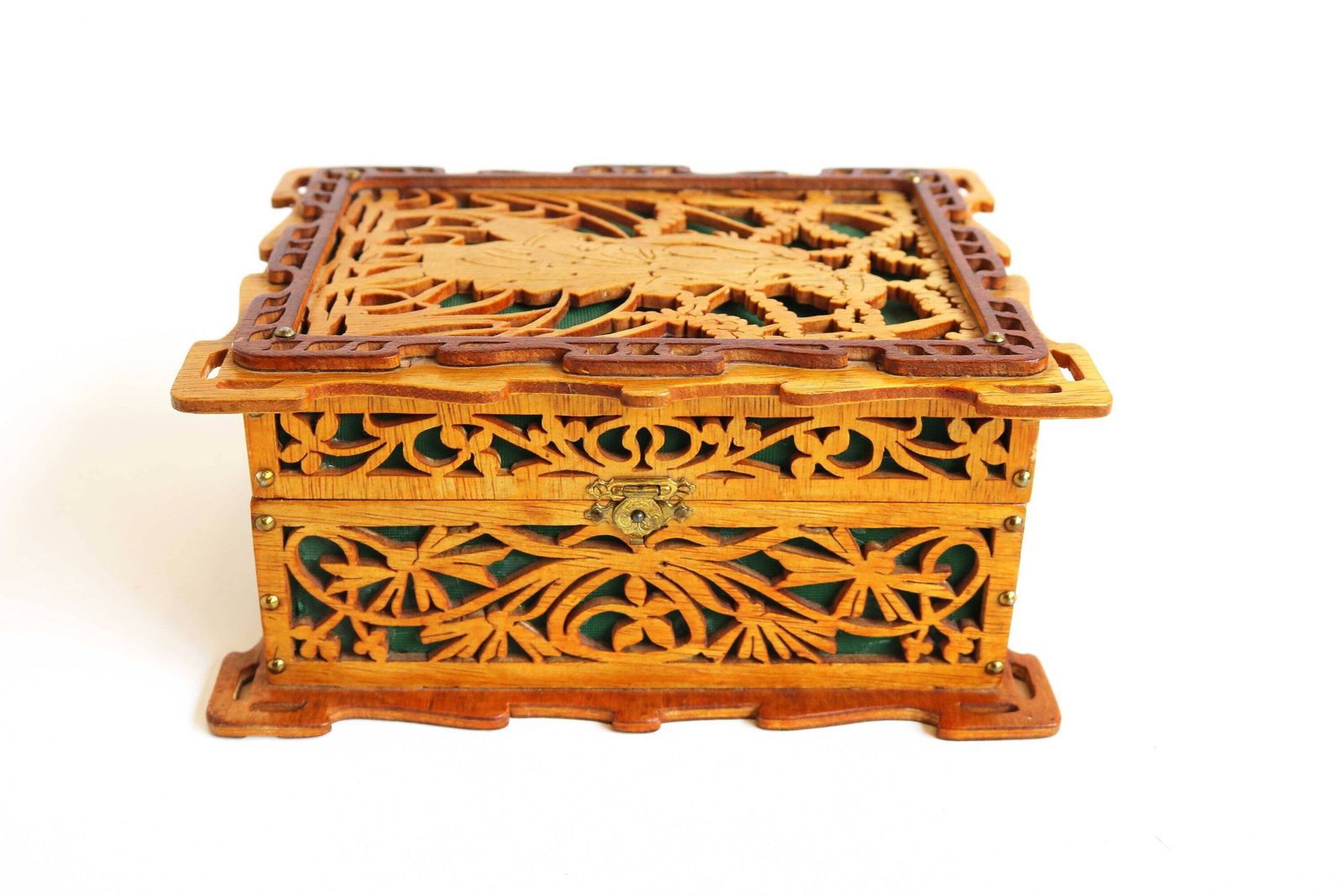 Homemade Black Forest Openwork Carved Wooden Jewelry Box 1950s Wood Storage Box Jugendstil Style Jigsawn Box Green Velvet Flower Details photo furniture