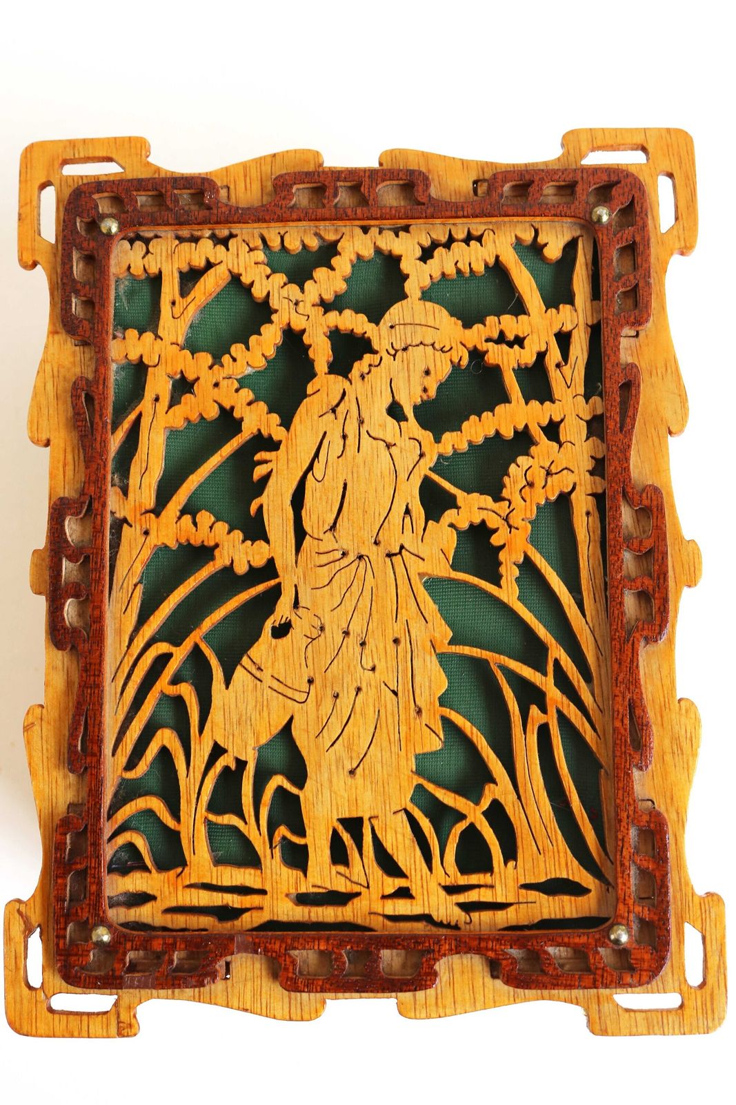 Homemade Black Forest Openwork Carved Wooden Jewelry Box 1950s Wood Storage Box Jugendstil Style Jigsawn Box Green Velvet Flower Details photo for sale