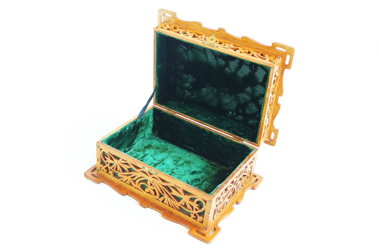 Homemade Black Forest Openwork Carved Wooden Jewelry Box 1950s Wood Storage Box Jugendstil Style Jigsawn Box Green Velvet Flower Details photo Home Decor